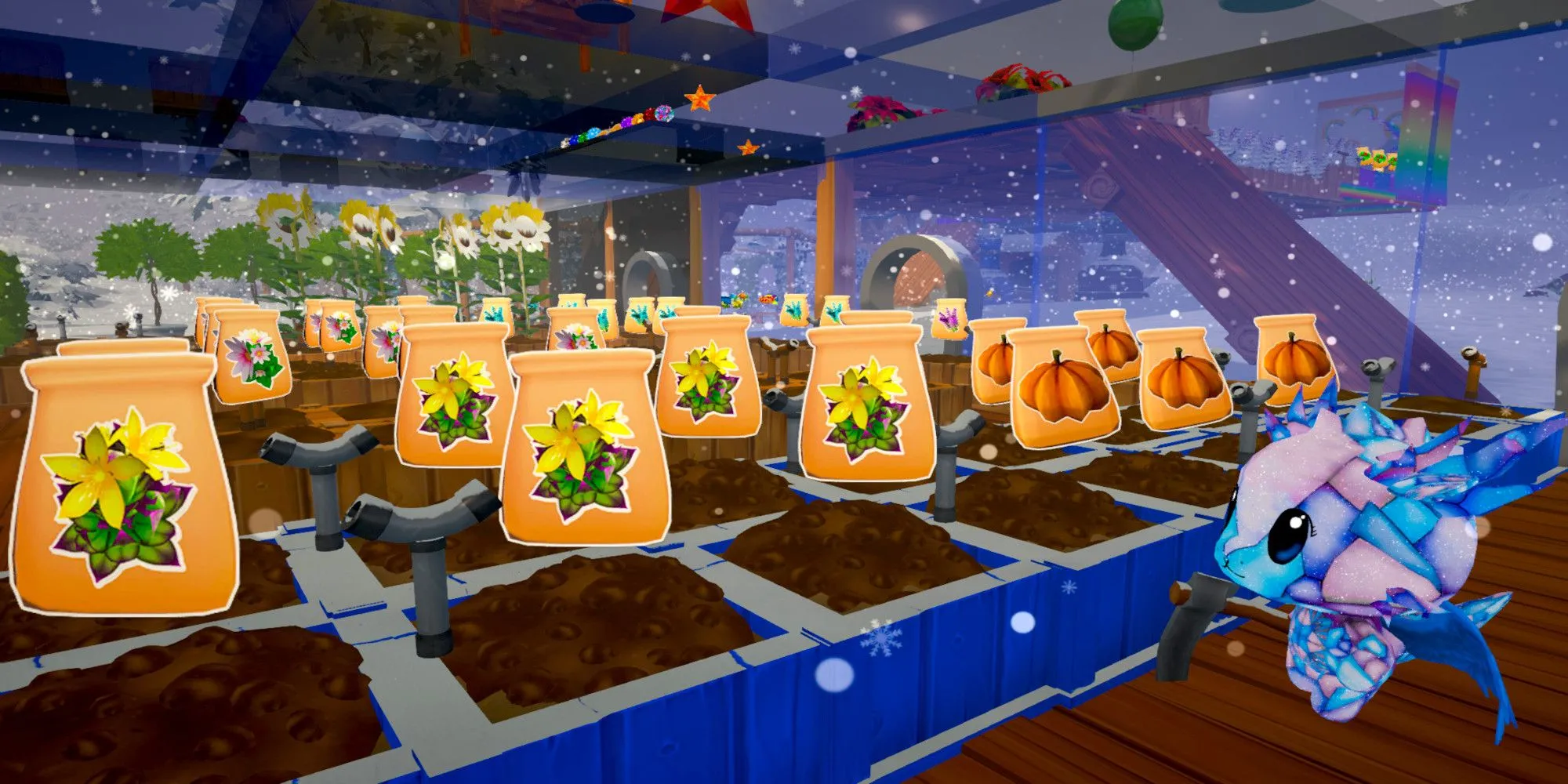 Nhân vật game Garden Paws đang gieo hạt giống trên cánh đồng