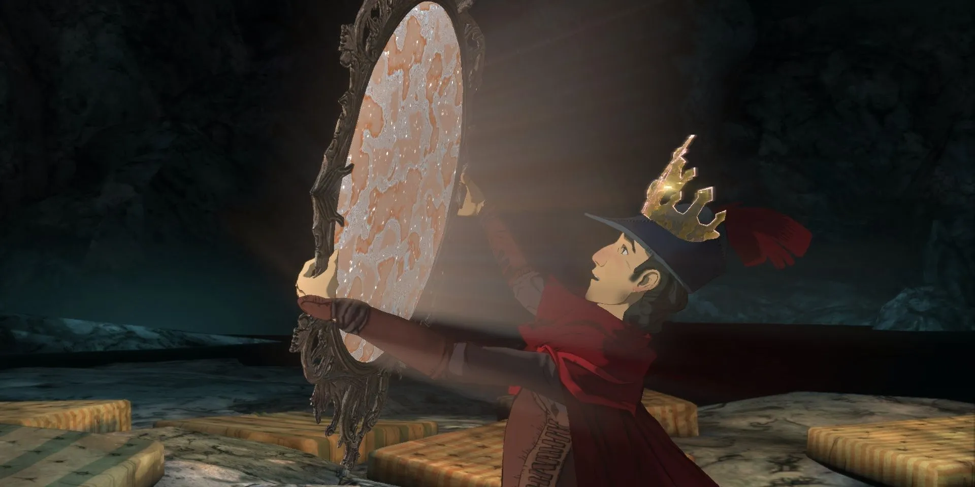 Nhân vật Graham soi gương trong tựa game phiêu lưu King's Quest 2015