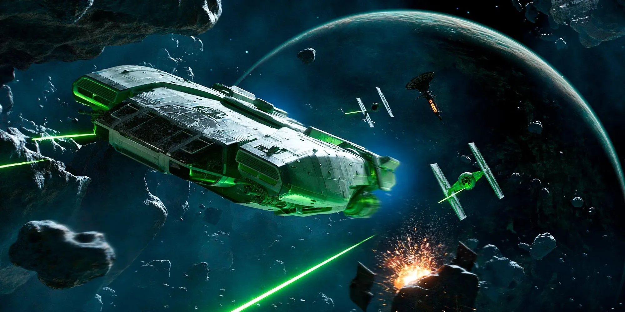 Nhân vật Kay Vess và phi thuyền Trailblazer trong Star Wars Outlaws giữa trận không chiến
