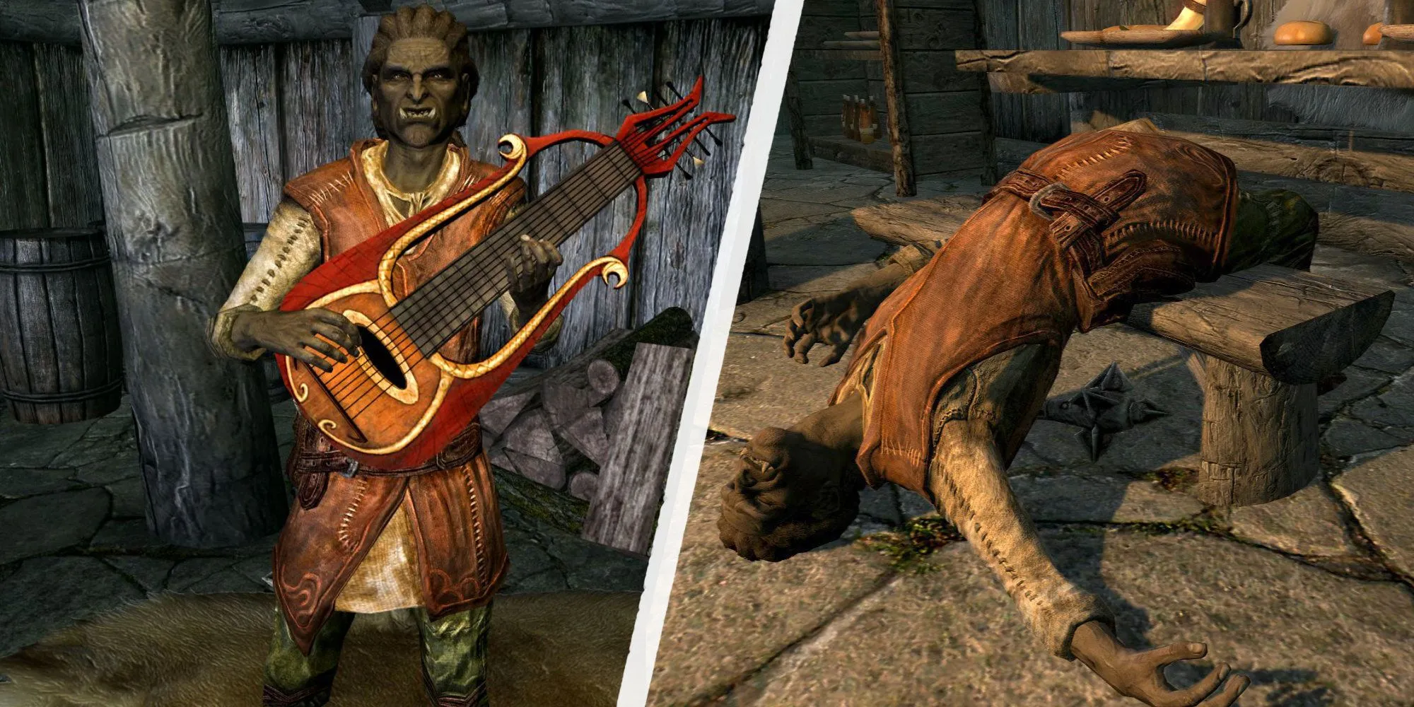 Nhân vật Lurbuk người hát rong trong Skyrim trước và sau khi bị ám sát theo nhiệm vụ Dark Brotherhood