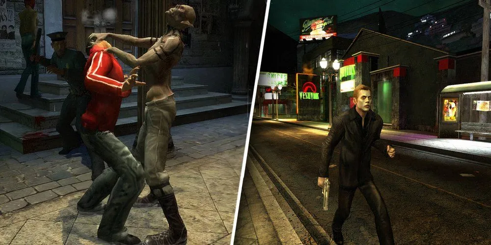 Nhân vật ma cà rồng trong game Vampire: The Masquerade - Bloodlines với bối cảnh thành phố đêm
