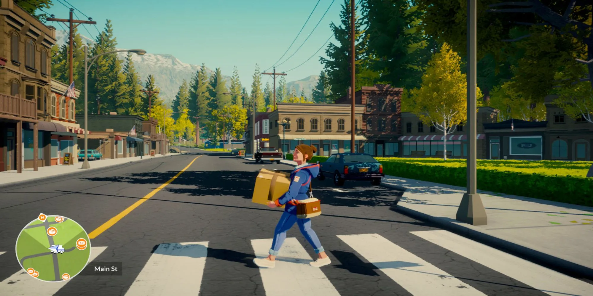 Nhân vật Meredith Weiss trong game Lake đi bộ qua đường với các gói hàng