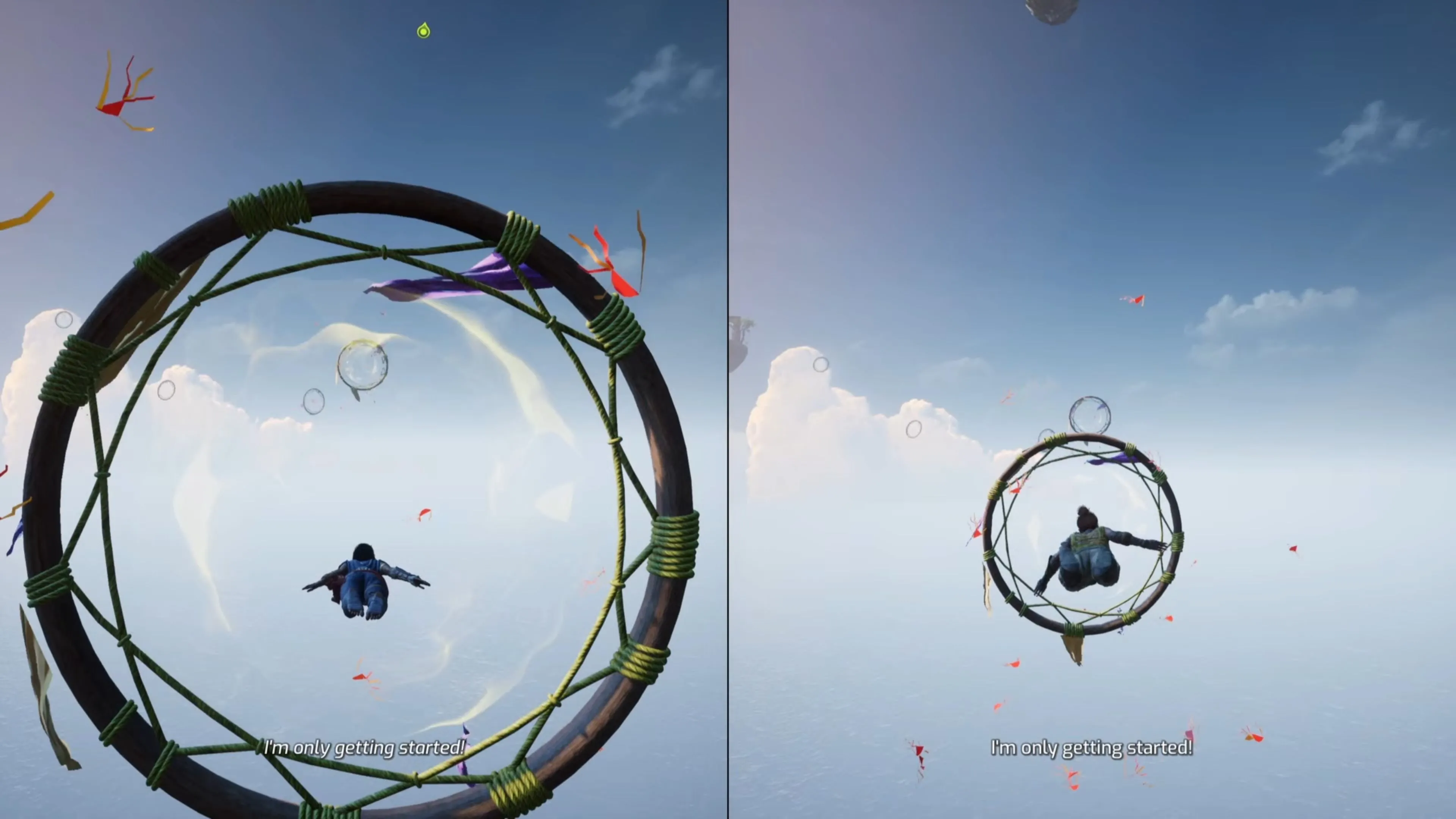 Nhân vật Mio đang bay qua một chiếc vòng phát sáng hình dream catcher trong màn chơi Kites của Split Fiction, phía dưới là những hòn đảo nổi
