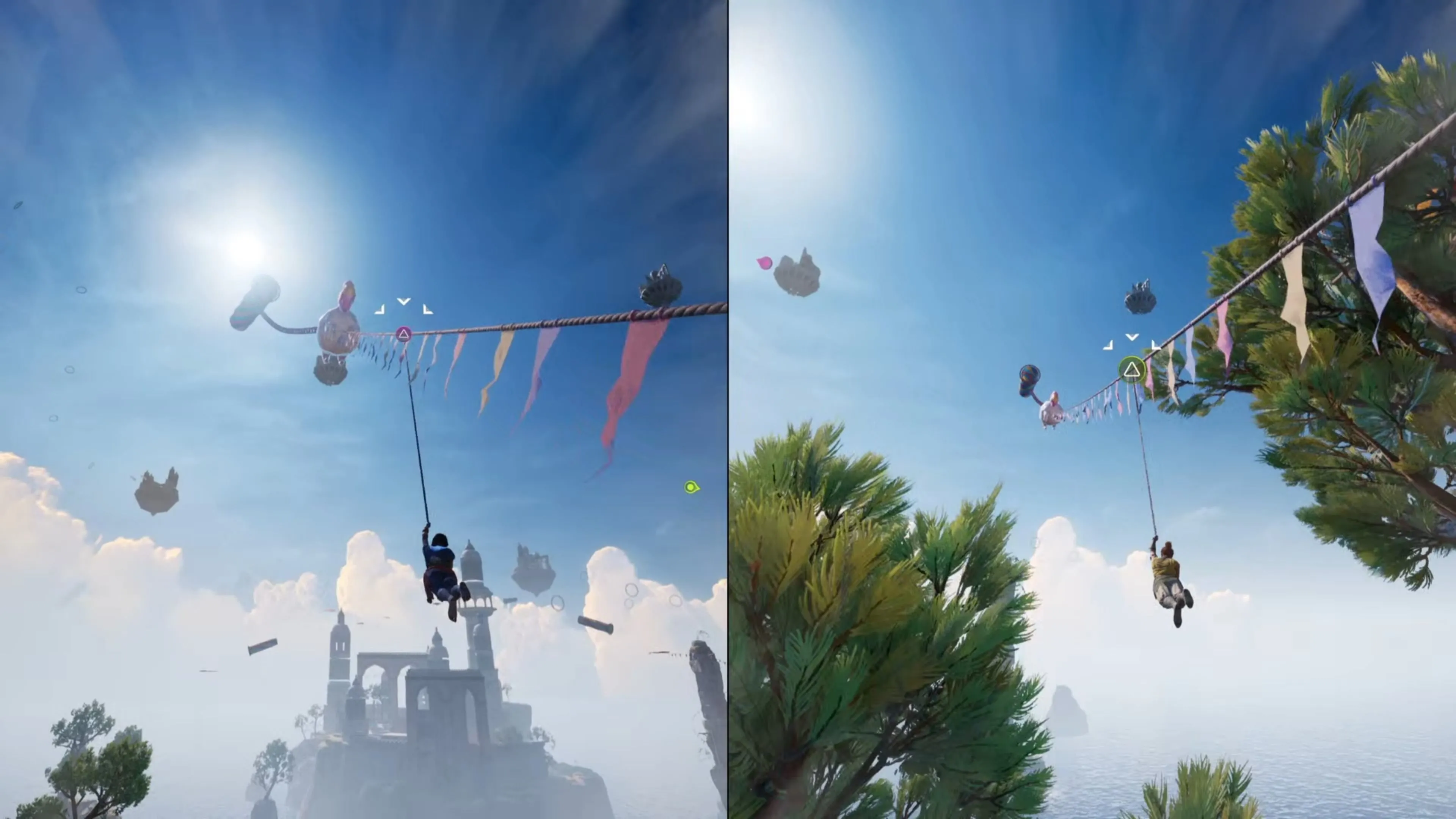 Nhân vật Mio đang trượt zipline với tốc độ cao trong màn chơi Kites của Split Fiction, phía xa là các công trình kiến trúc trên mây