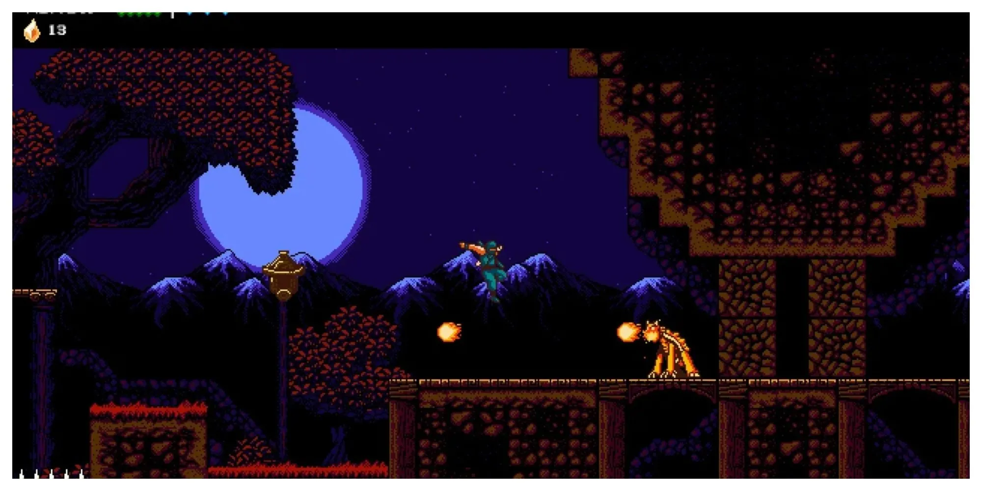 Nhân vật ninja trong The Messenger di chuyển qua màn chơi pixel art, kết hợp giữa phong cách 8-bit và 16-bit