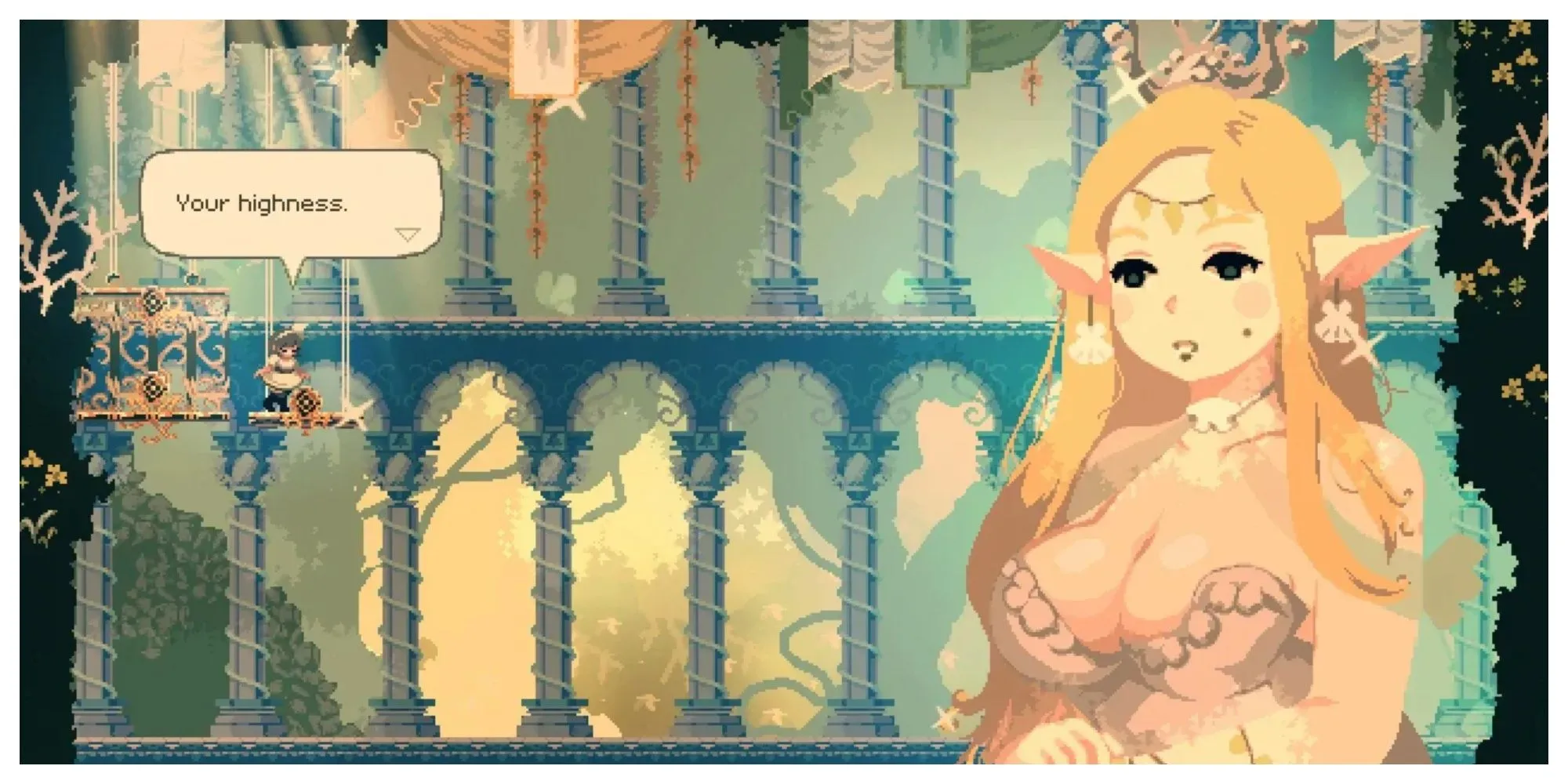 Nhân vật nữ tu Momo chiến đấu bằng lá phép trong Momodora: Moonlit Farewell, khung cảnh pixel art chi tiết và thơ mộng