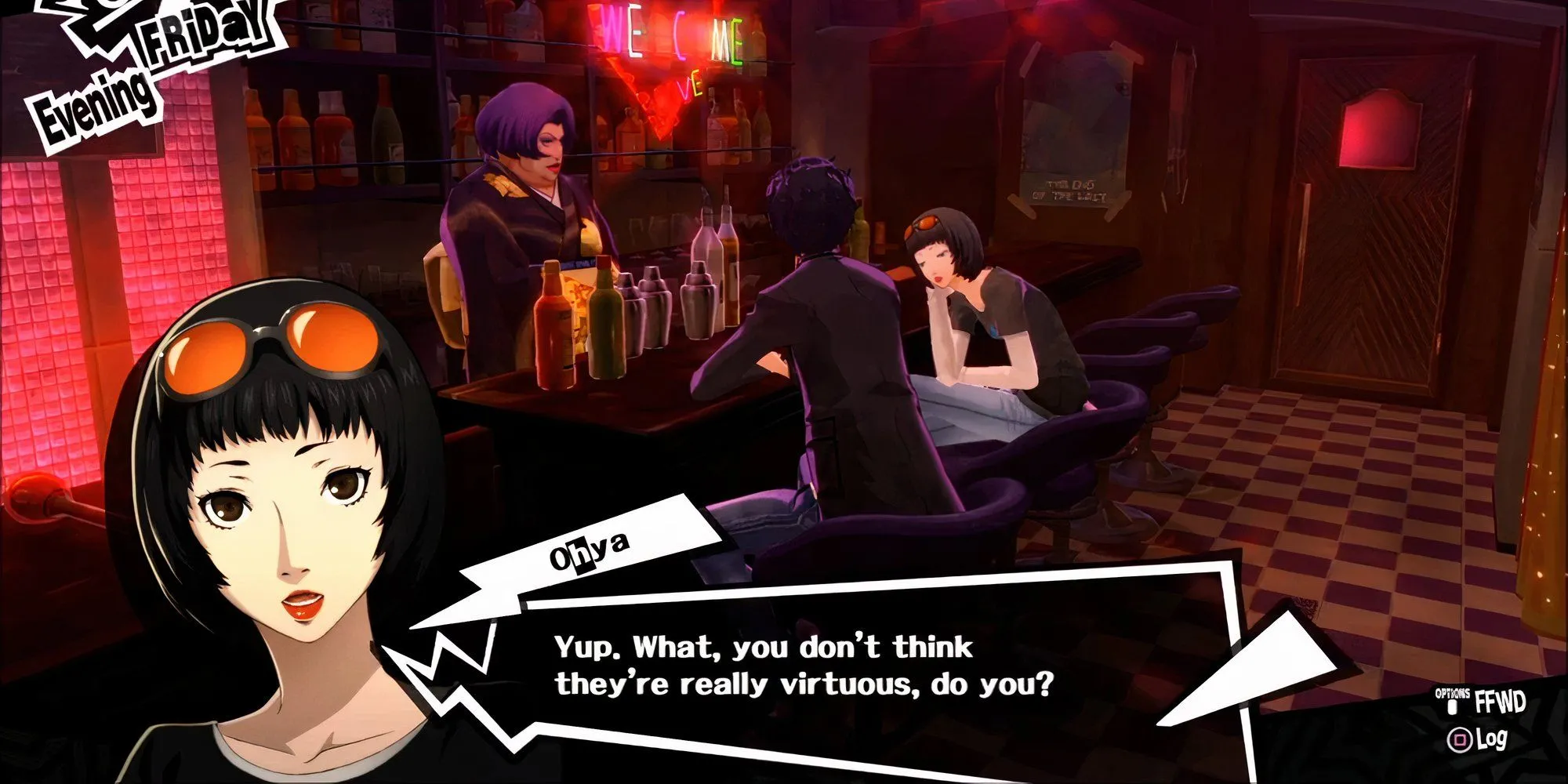 Nhân vật Ohya và Joker đang trò chuyện tại bàn bar trong Persona 5 Royal để tăng cấp Social Link