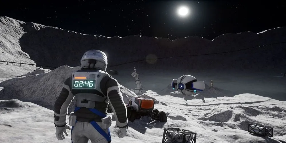 Nhân vật phi hành gia trong Deliver Us The Moon nhìn về phía Trái Đất từ căn cứ trên mặt trăng