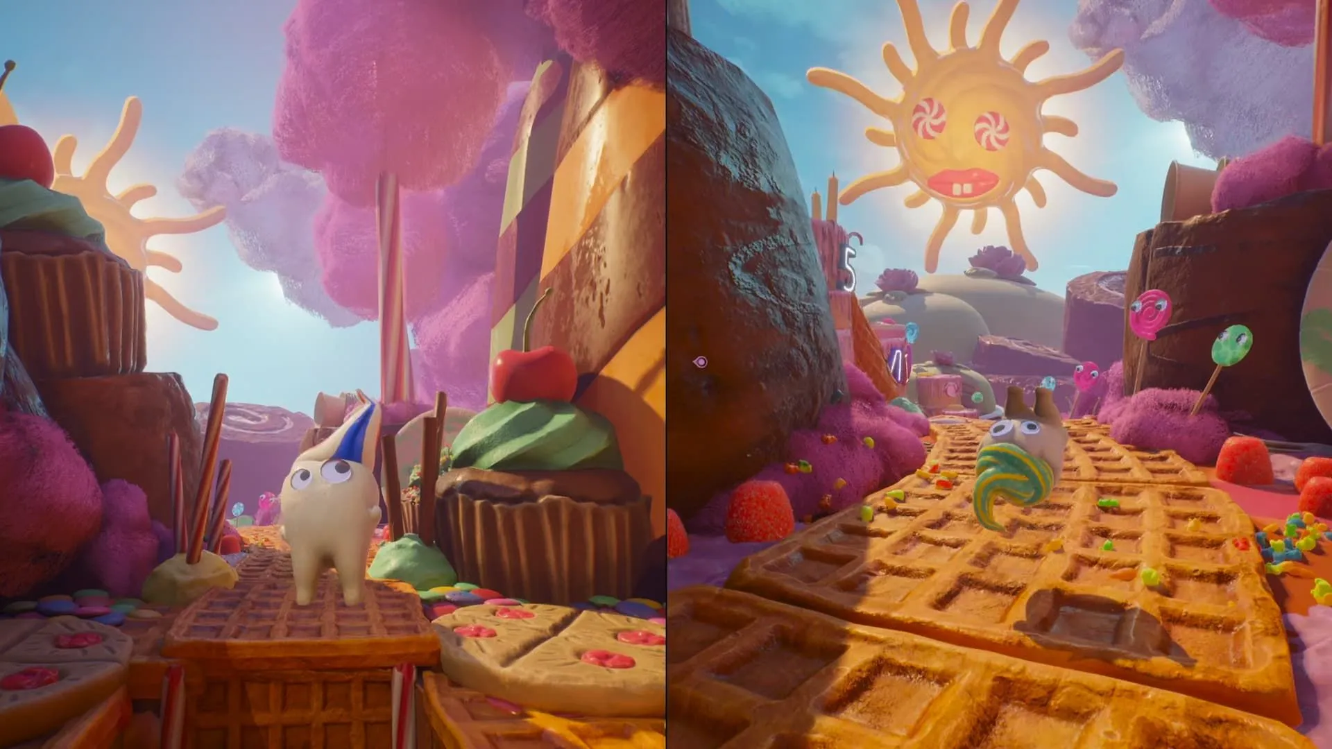 Nhân vật Răng nhìn thấy mặt trời đáng sợ phía xa trong màn Bánh Sinh Nhật game Split Fiction.