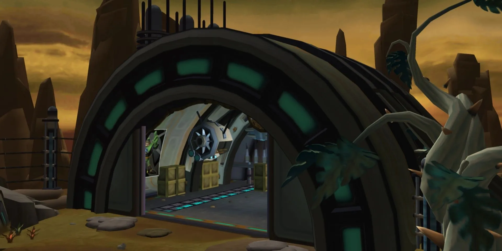 Nhân vật Ratchet đứng trên hành tinh sa mạc Veldin, quê hương của anh trong Ratchet &amp; Clank