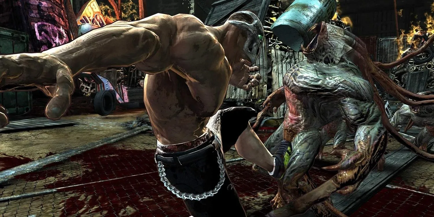 Nhân vật Rick tung cú đá vào kẻ địch trong game hành động kinh dị Splatterhouse 2010
