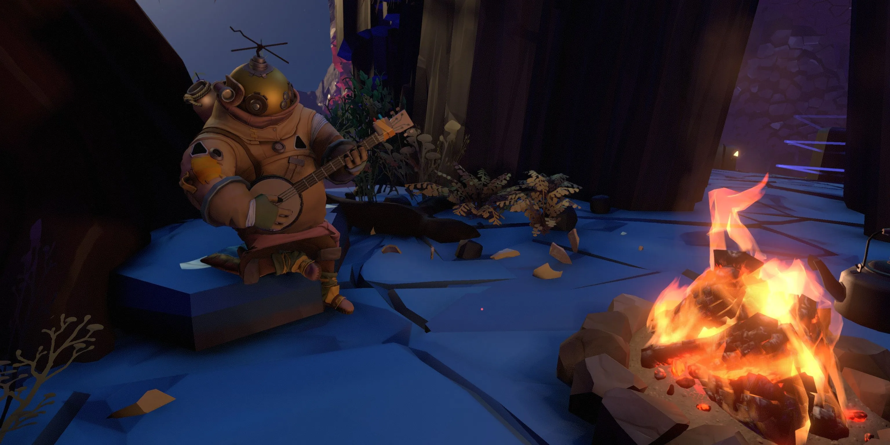 Nhân vật Riebeck đang chơi đàn banjo bên đống lửa trong thế giới của Outer Wilds