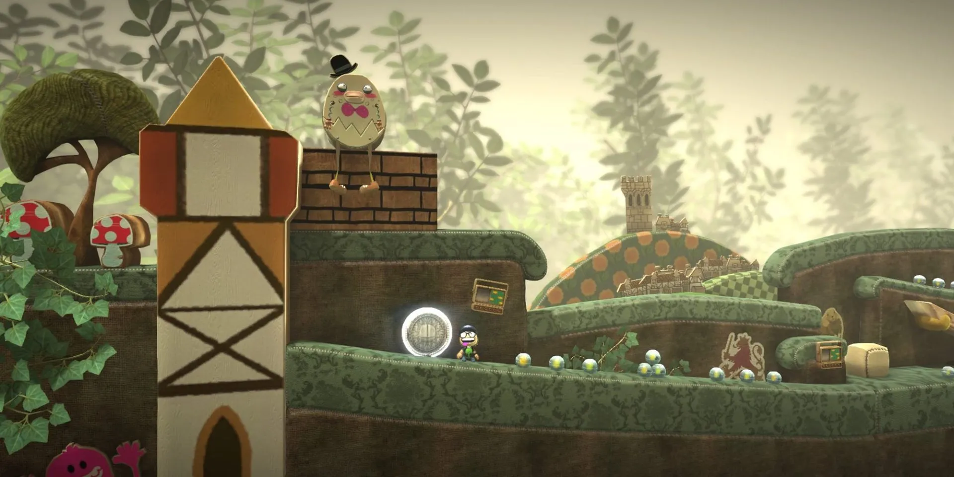 Nhân vật Sackboy trong game LittleBigPlanet tạo dáng hài hước, biểu tượng của khả năng tùy biến và sáng tạo cộng đồng.