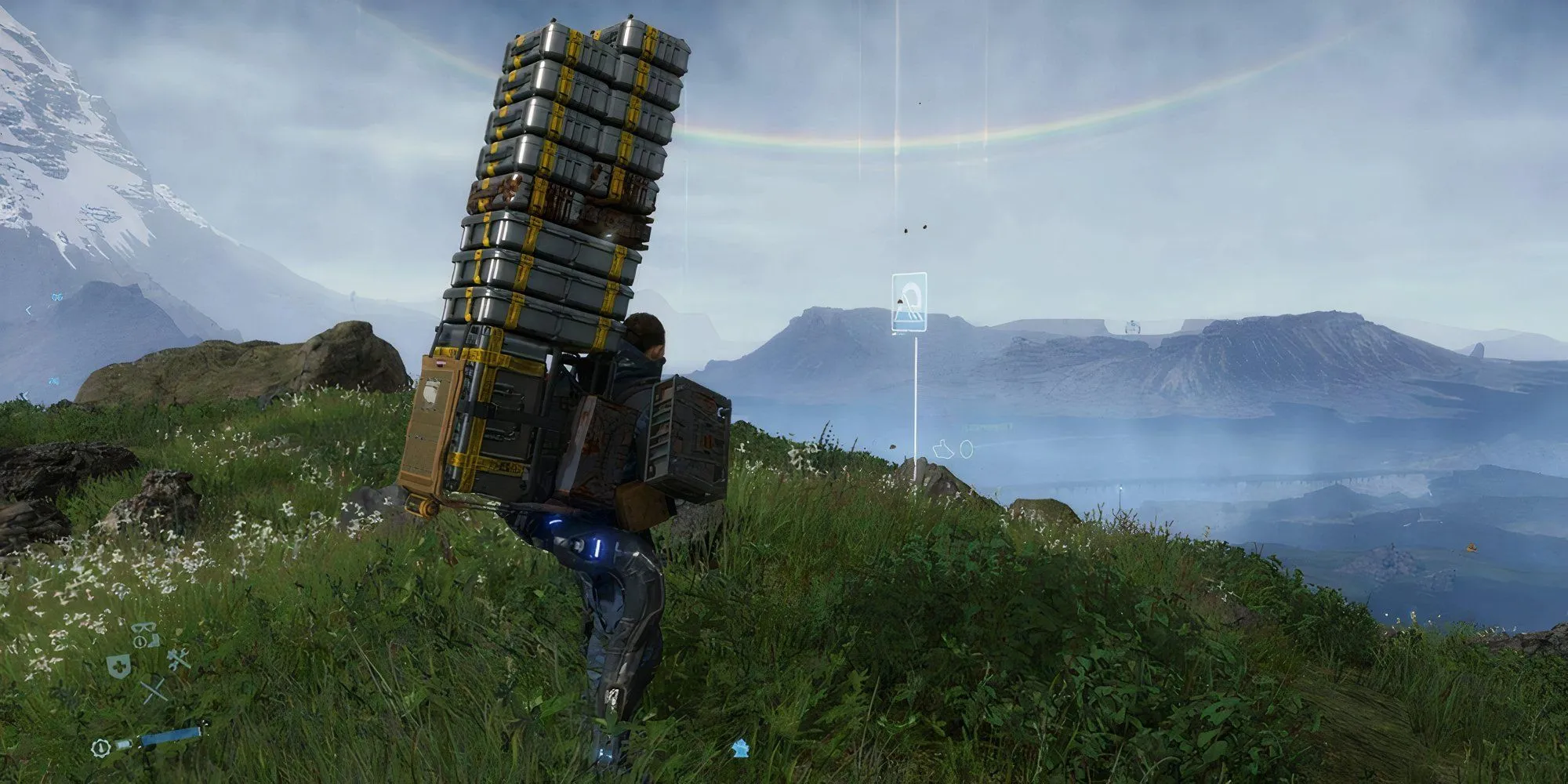 Nhân vật Sam Bridges vận chuyển hàng hóa trong game Death Stranding