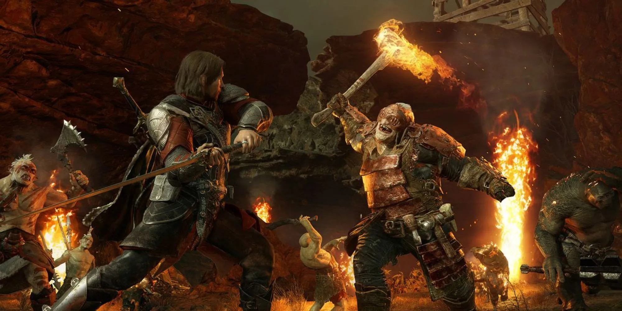 Nhân vật Talion trong Middle-Earth: Shadow of War đứng giữa chiến trường rực lửa cùng đồng minh Orc