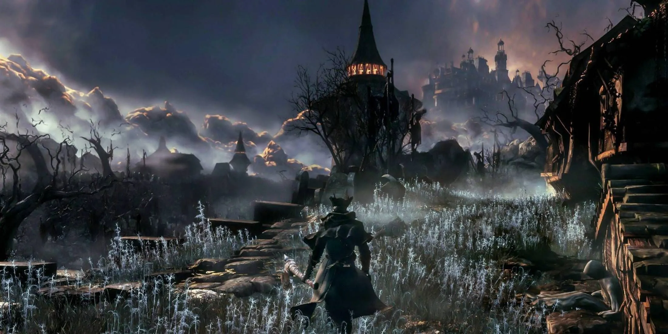 Nhân vật Thợ Săn trong Bloodborne với vũ khí Trick Weapon đặc trưng, đứng giữa khung cảnh Gothic
