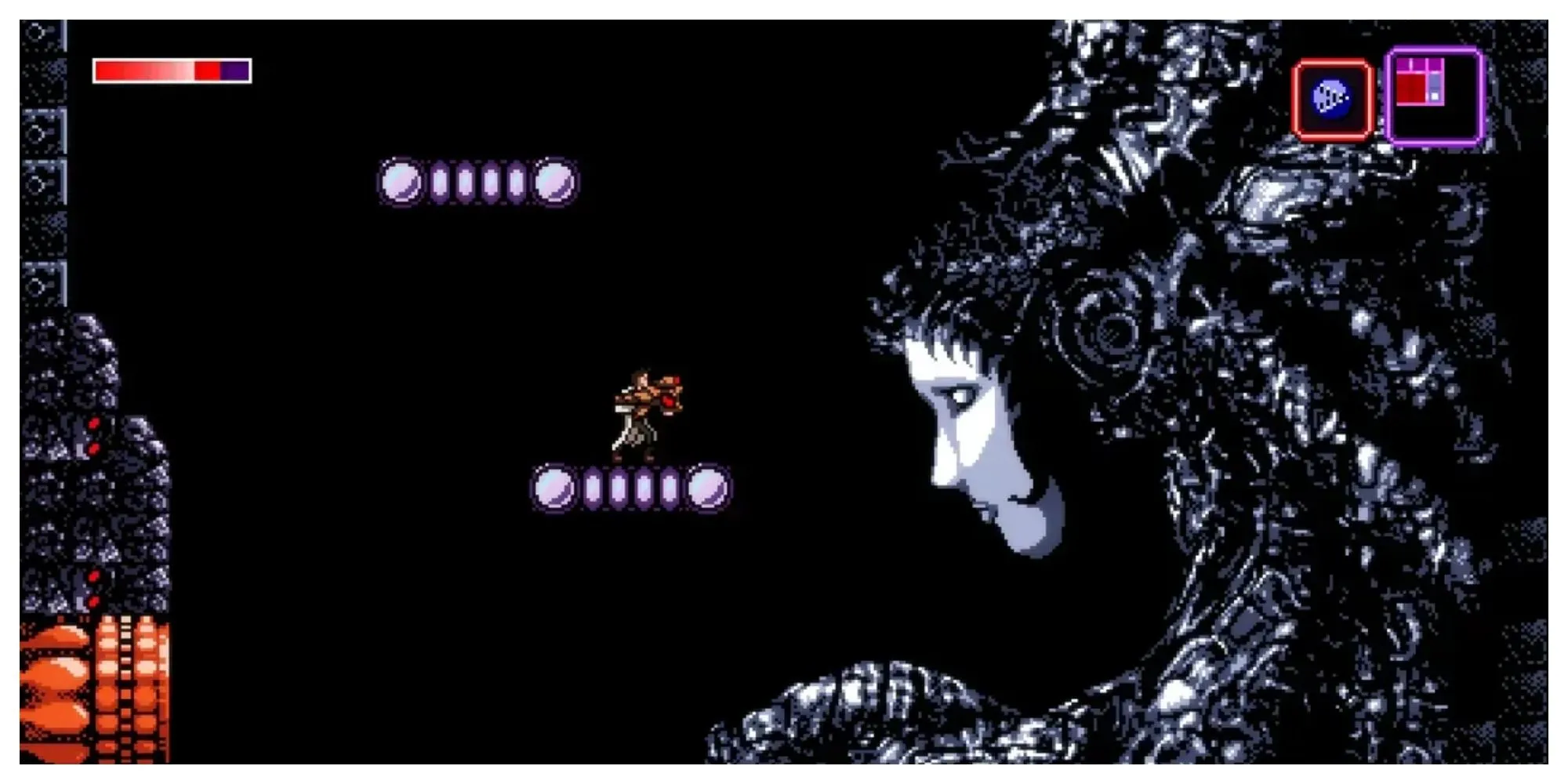 Nhân vật Trace trong Axiom Verge khám phá thế giới công nghệ sinh học kỳ lạ, đồ họa pixel chi tiết và ám ảnh