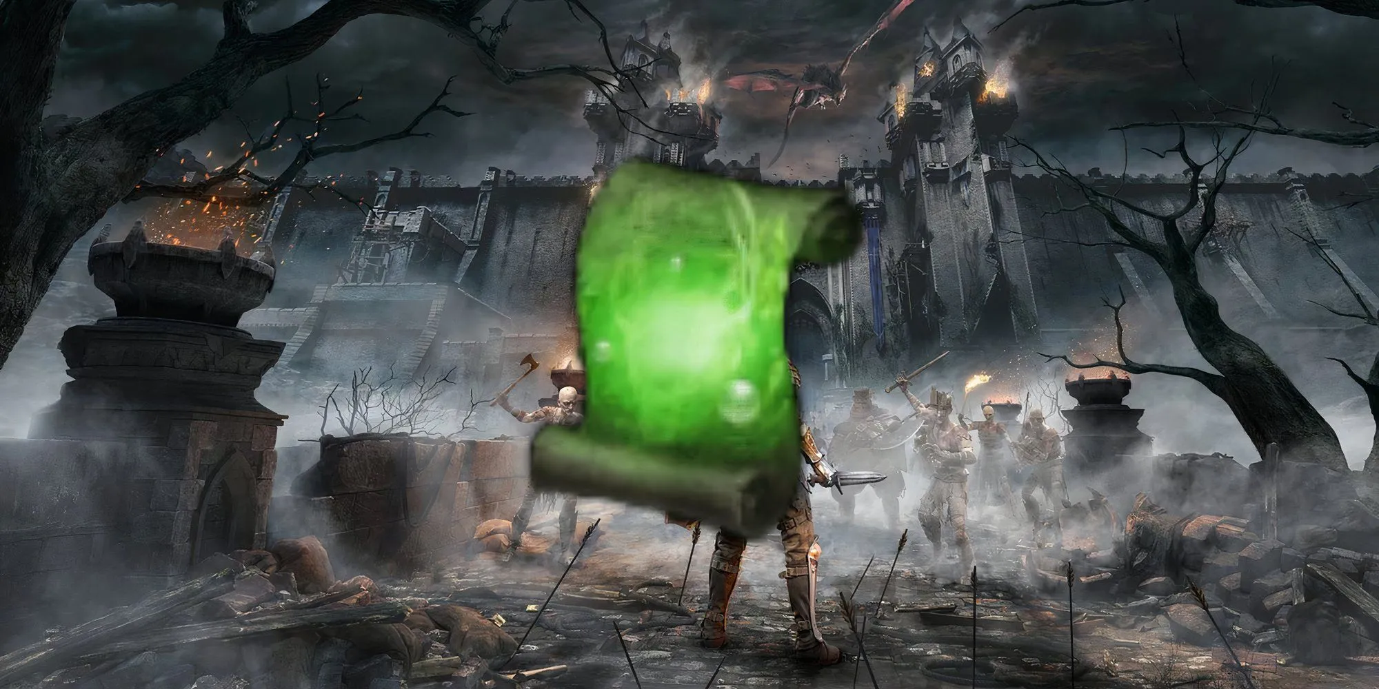 Nhân vật trong Demon's Souls đang tạo ra một đám mây độc màu xanh lá bao trùm kẻ địch