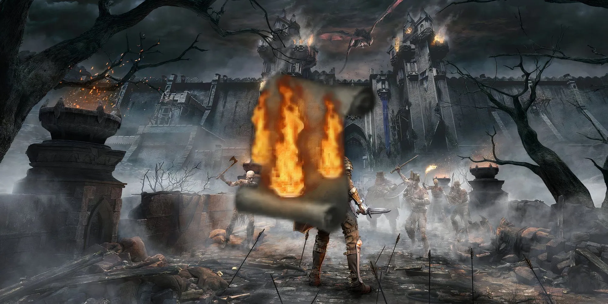 Nhân vật trong Demon's Souls tạo ra một cơn bão lửa dữ dội với nhiều cột lửa phun lên từ mặt đất xung quanh