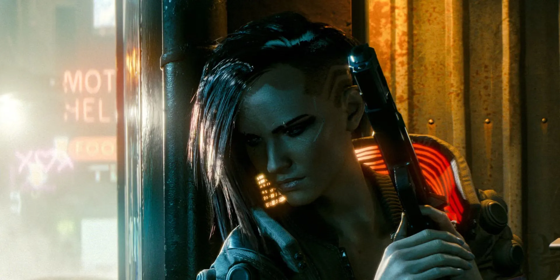 Nhân vật V đứng giữa thành phố Night City trong Cyberpunk 2077
