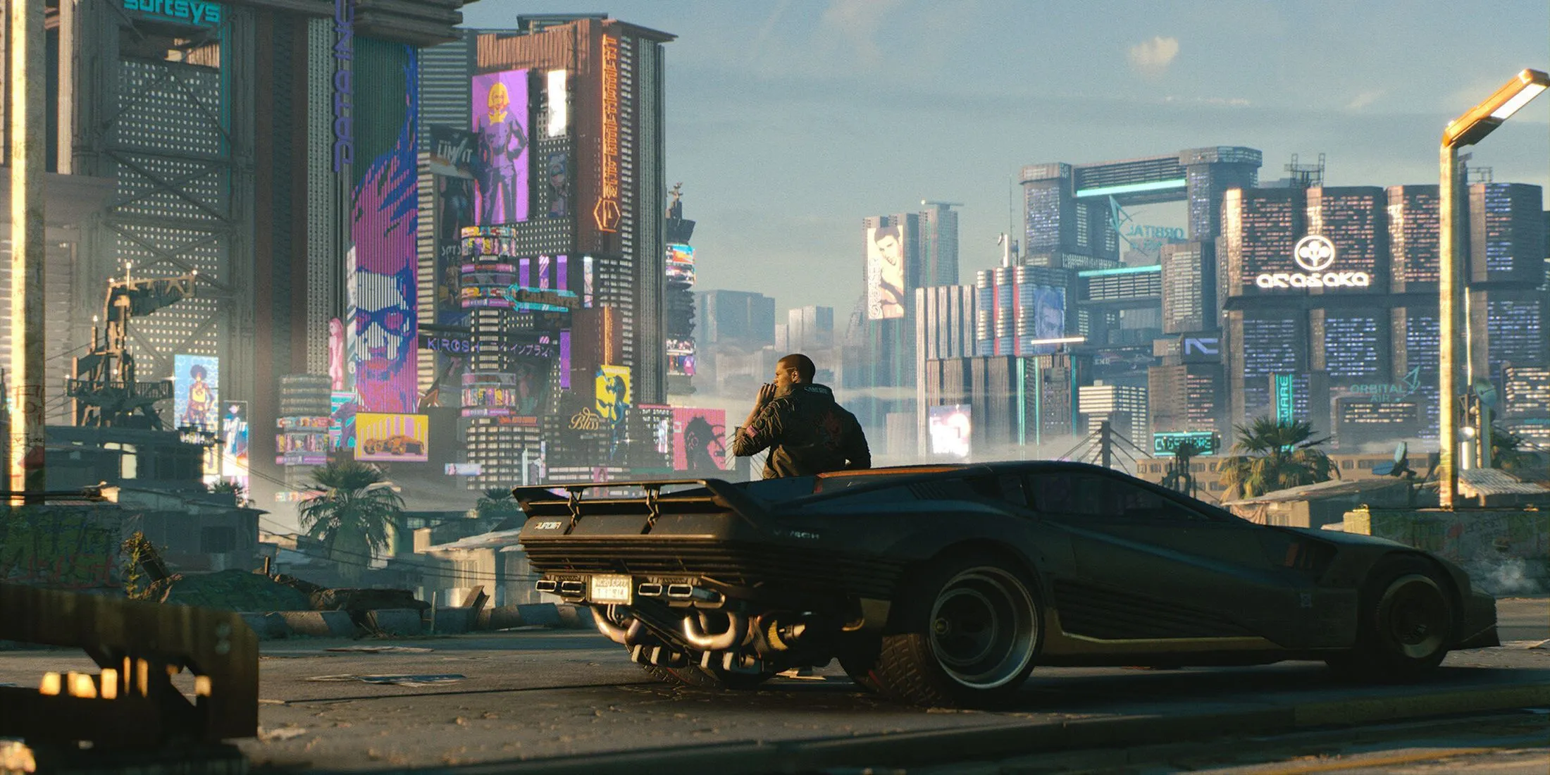 Nhân vật V và chiếc xe của mình bên ngoài thành phố Night City trong Cyberpunk 2077, thể hiện một tương lai công nghệ cao và hỗn loạn