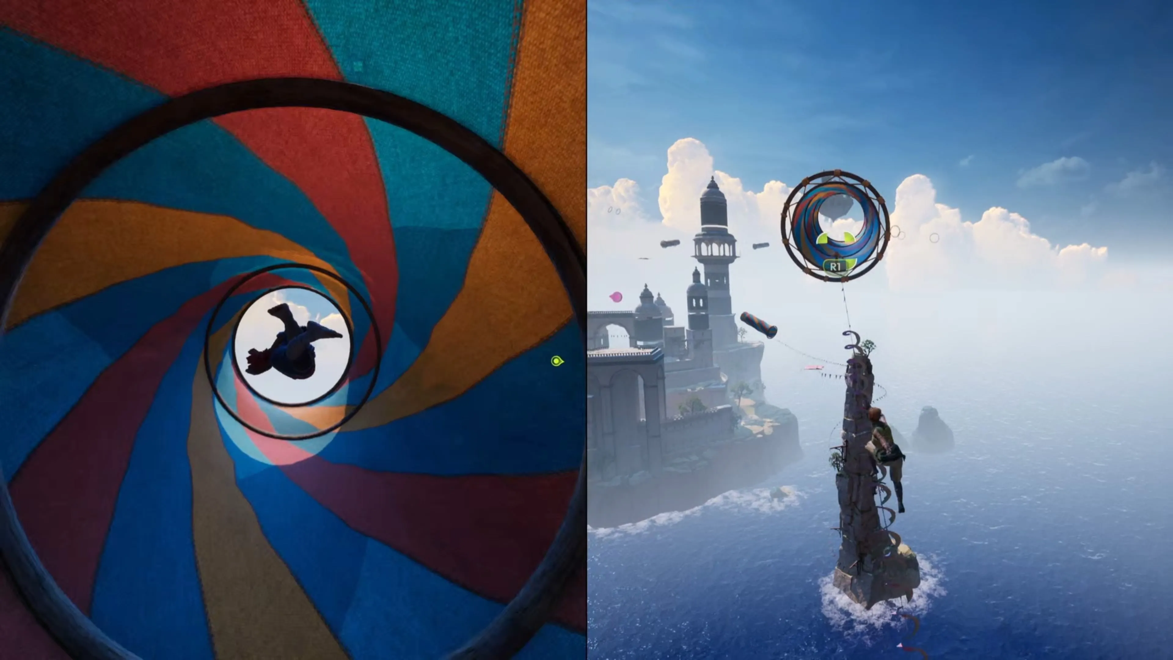 Nhân vật Zoe đang chuẩn bị dùng móc bám vào một ống phóng màu xanh trong màn chơi Kites của Split Fiction, xung quanh là khung cảnh bầu trời