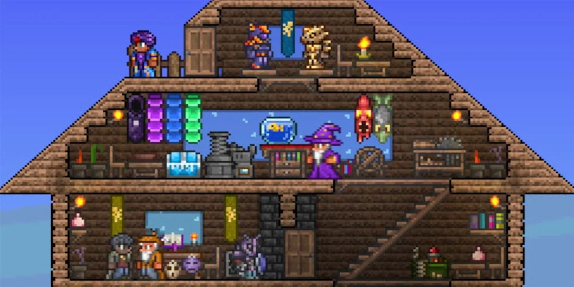 Nhiều nhân vật Terraria cùng nhau xây dựng và sinh sống trong một căn cứ lớn