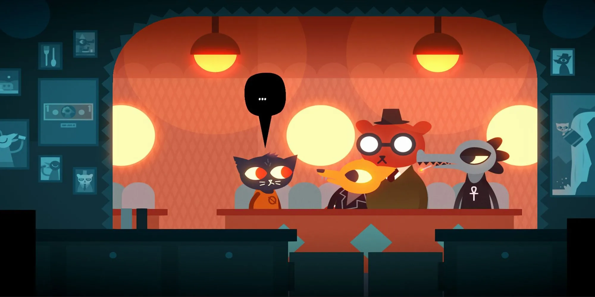 Nhóm bạn Mae, Gregg, Angus, Bea trong Night in the Woods tụ tập trò chuyện, thể hiện không khí ấm cúng của game