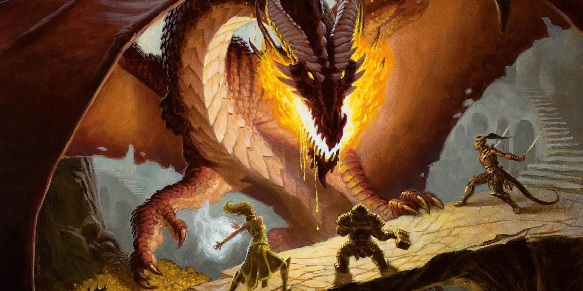 Nhóm nhà thám hiểm Dungeons and Dragons dũng cảm đối đầu rồng đỏ hung tợn trong một trận chiến kịch tính