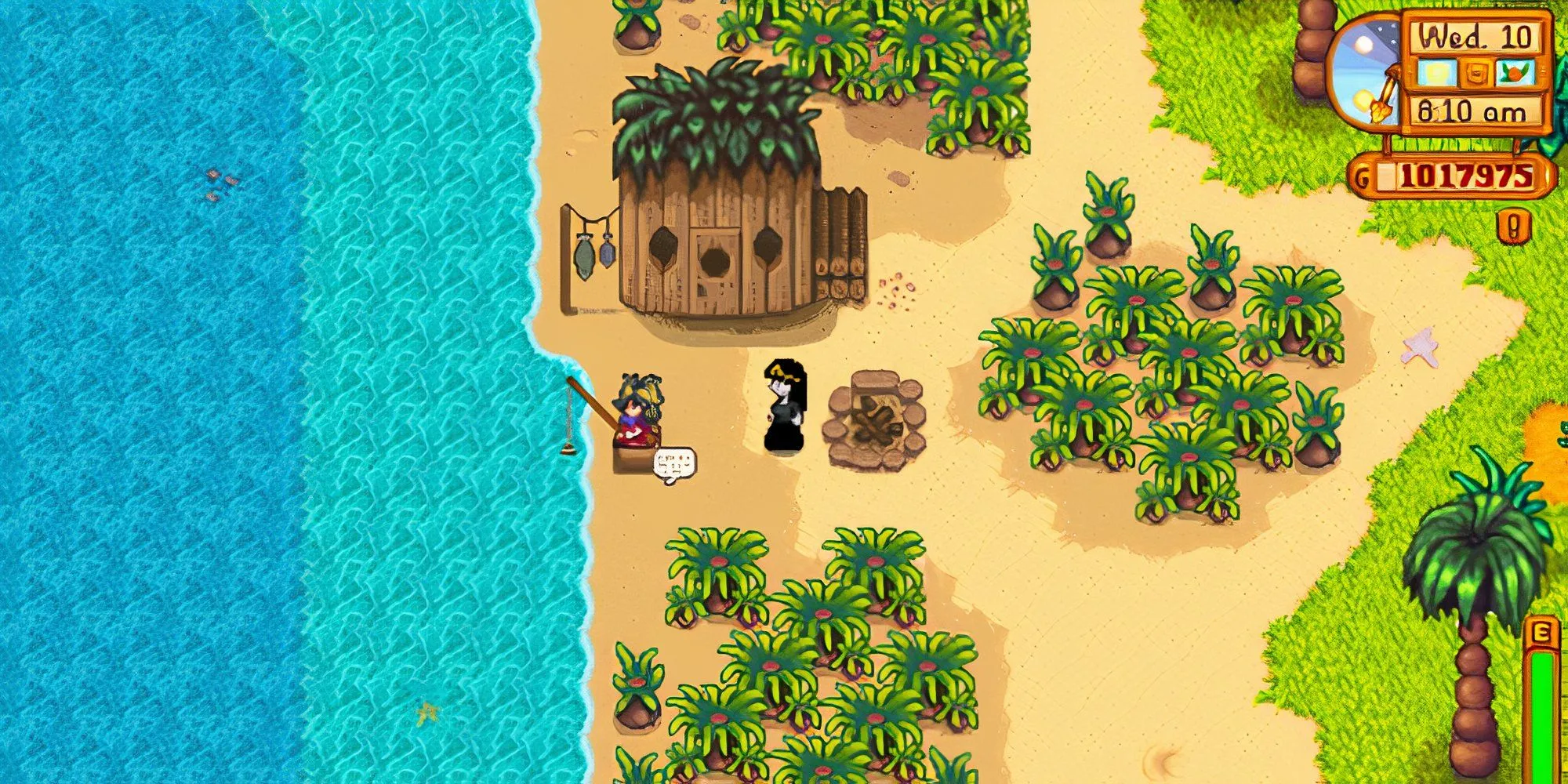 NPC Birdie đang ngồi câu cá bên bờ biển phía Tây Đảo Gừng trong Stardew Valley