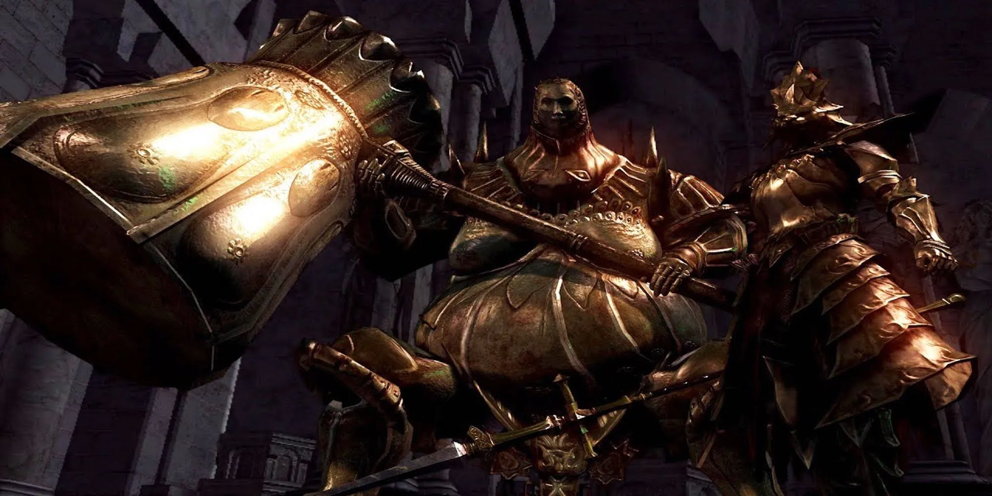 Ornstein và Smough đứng cạnh nhau trong game Dark Souls, cặp đôi trùm biểu tượng của dòng game Souls