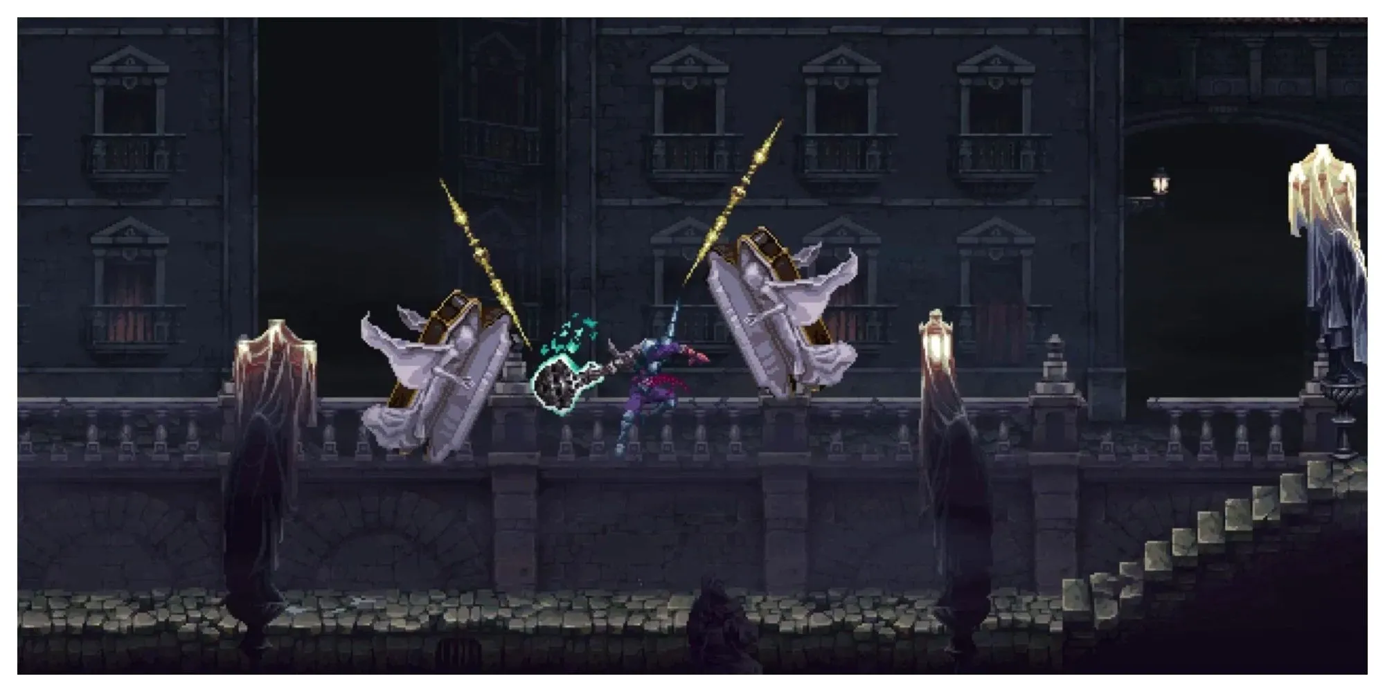 Penitent One trong Blasphemous 2 đối mặt với kẻ thù kinh dị trong thế giới pixel art u ám, đậm chất Gothic