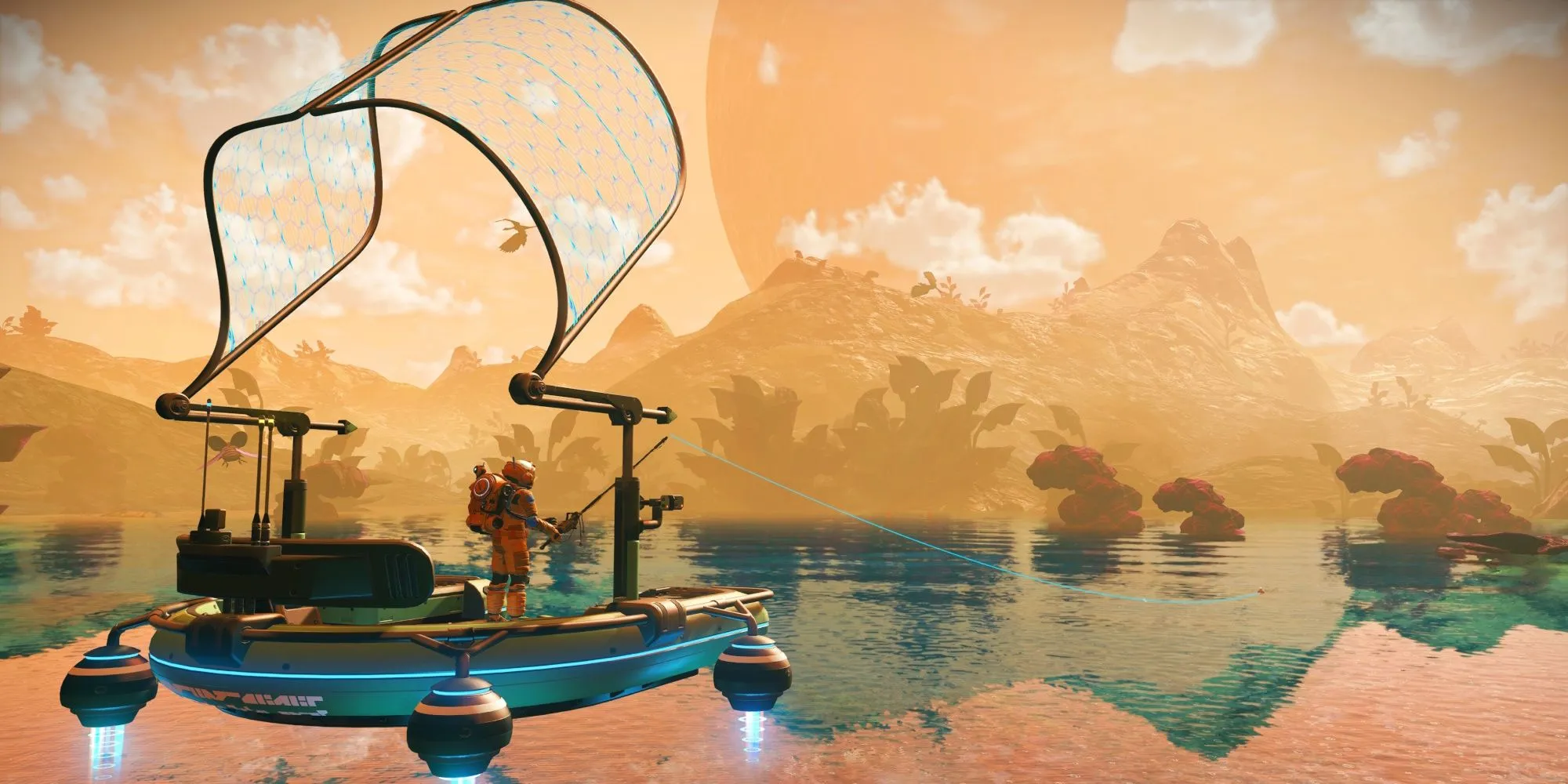 Phi thuyền không gian đang bay lượn giữa các hành tinh đầy màu sắc trong No Man's Sky