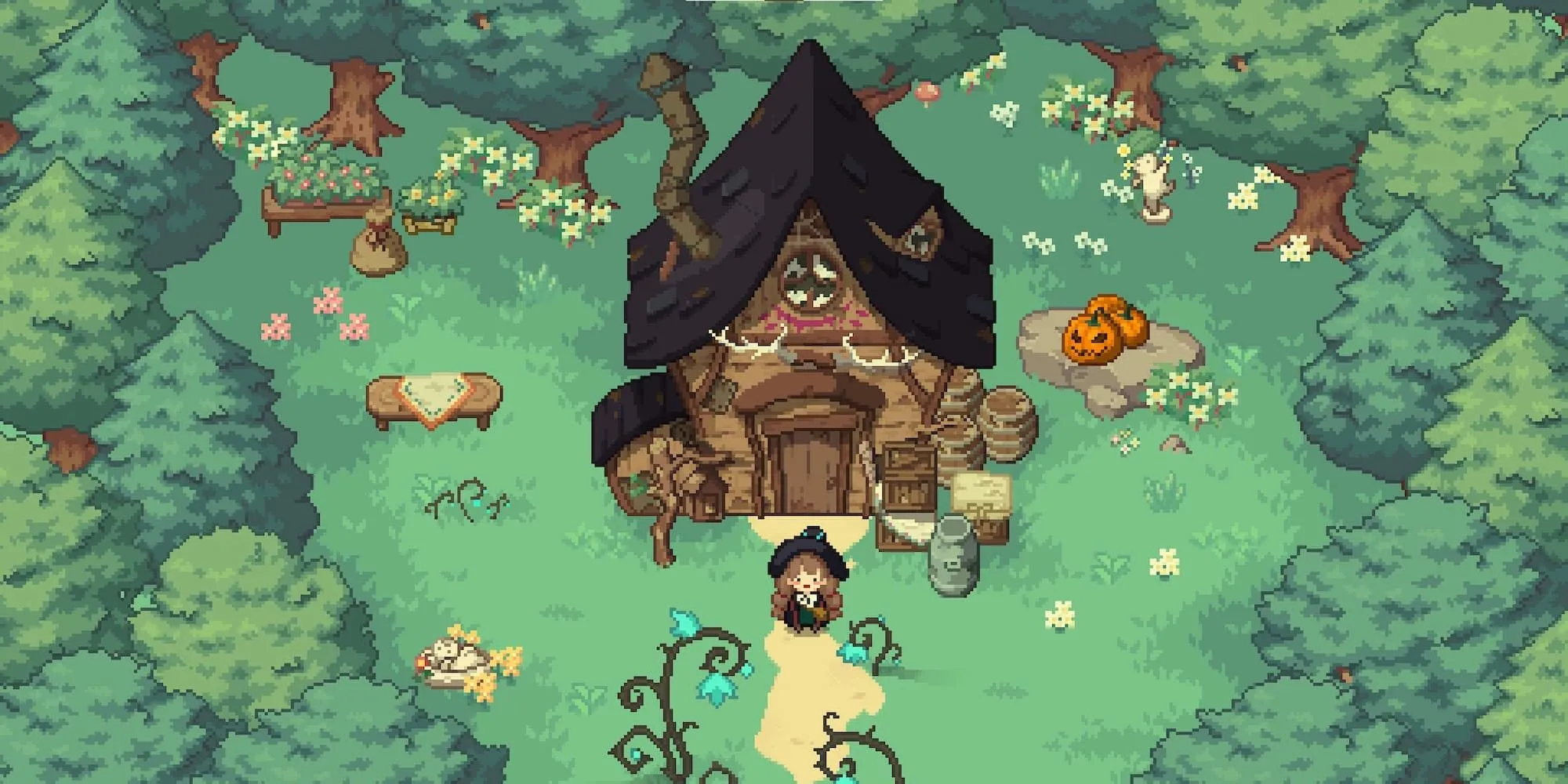 Phù thủy tập sự đứng trước ngôi nhà nhỏ trong game Little Witch in the Woods