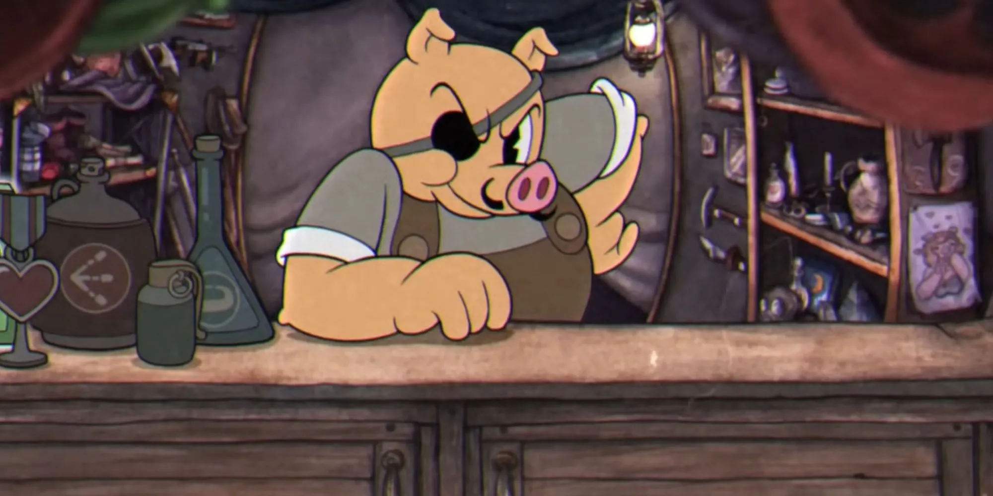 Porkrind chủ cửa hàng vũ khí game Cuphead với tạo hình độc đáo
