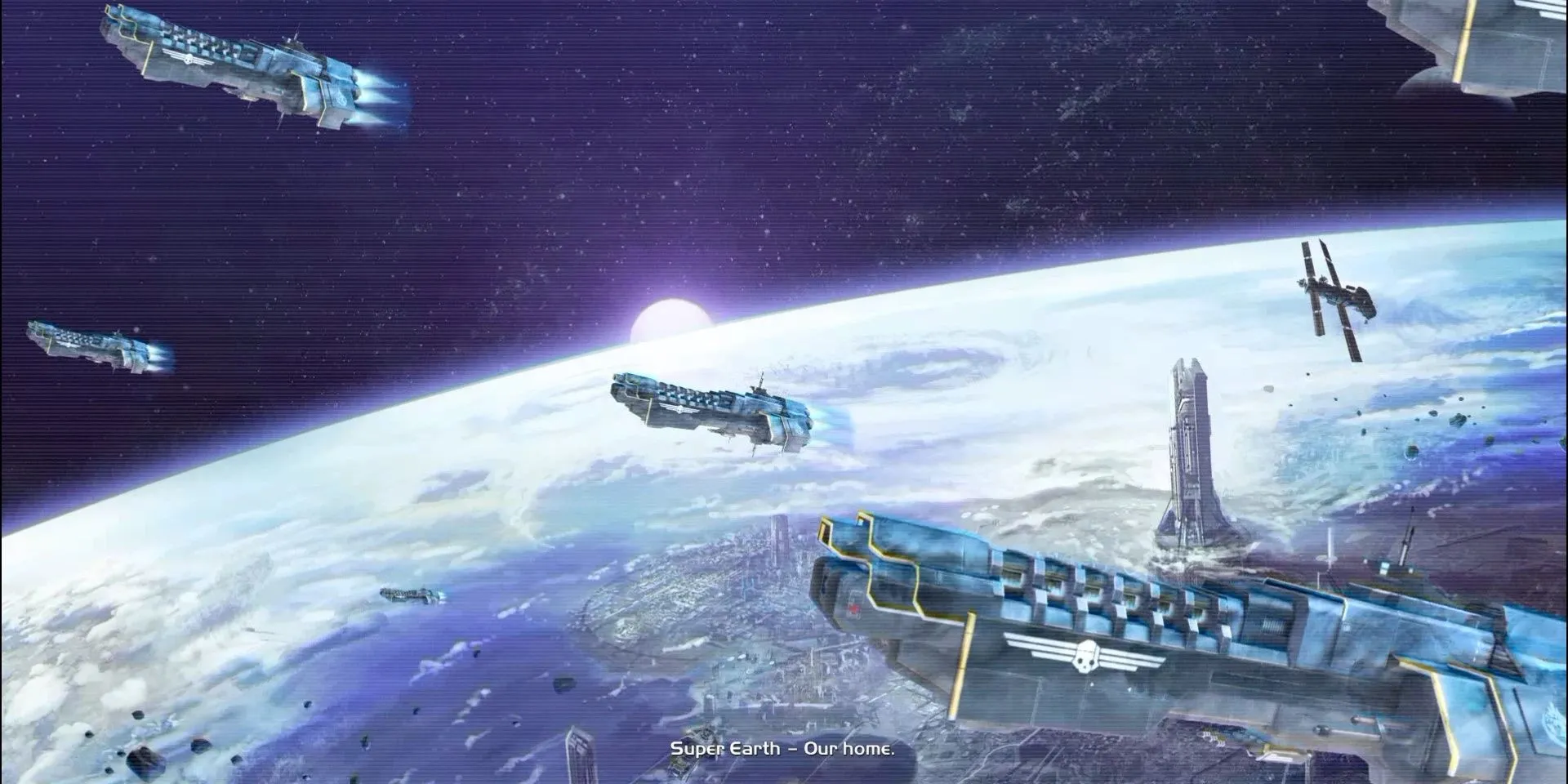 Quang cảnh Super Earth từ không gian trong Helldivers, trung tâm của nền Dân chủ Quản lý