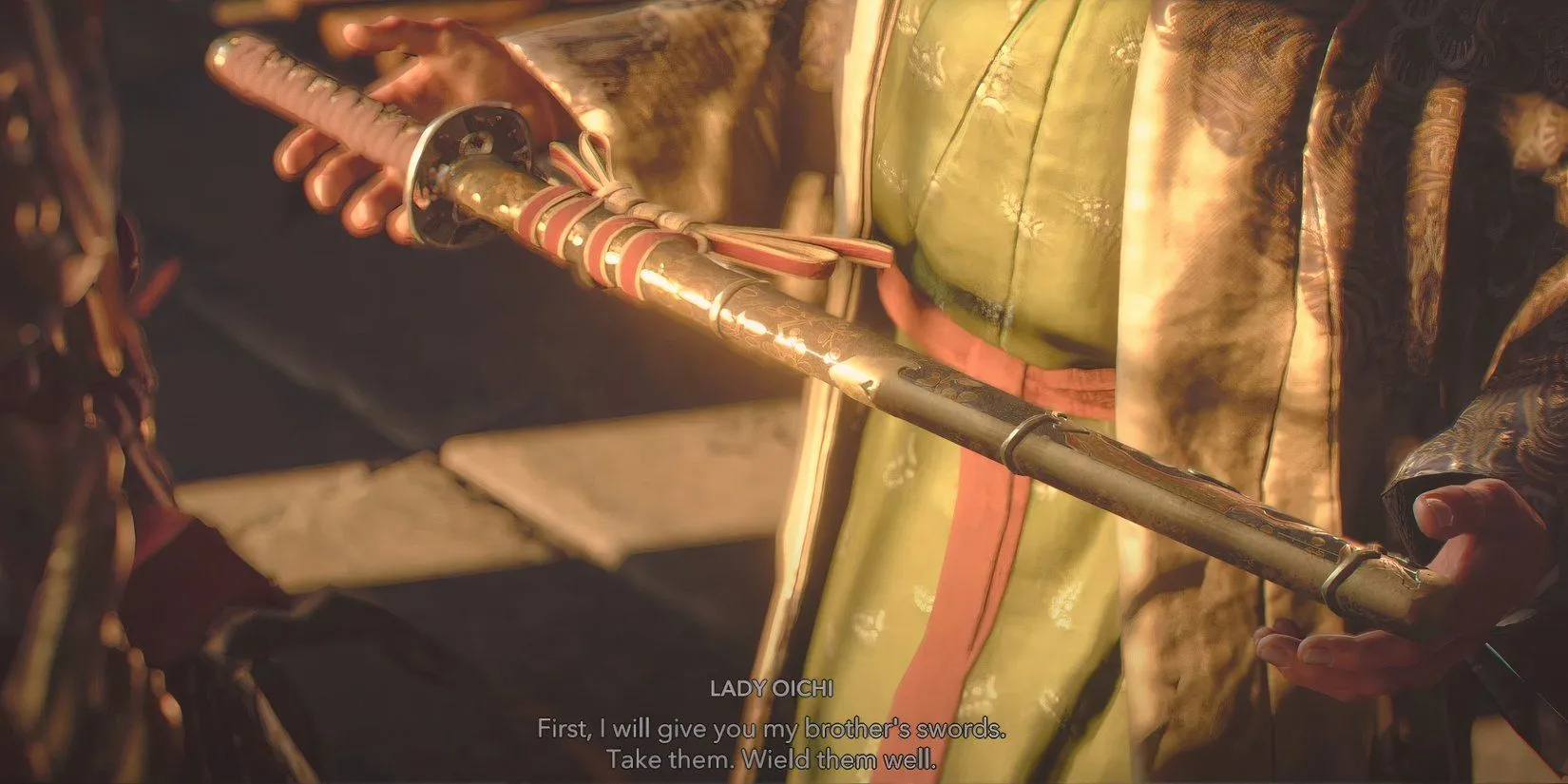 Quý bà Oichi trao cho Yasuke thanh kiếm của chồng cũ