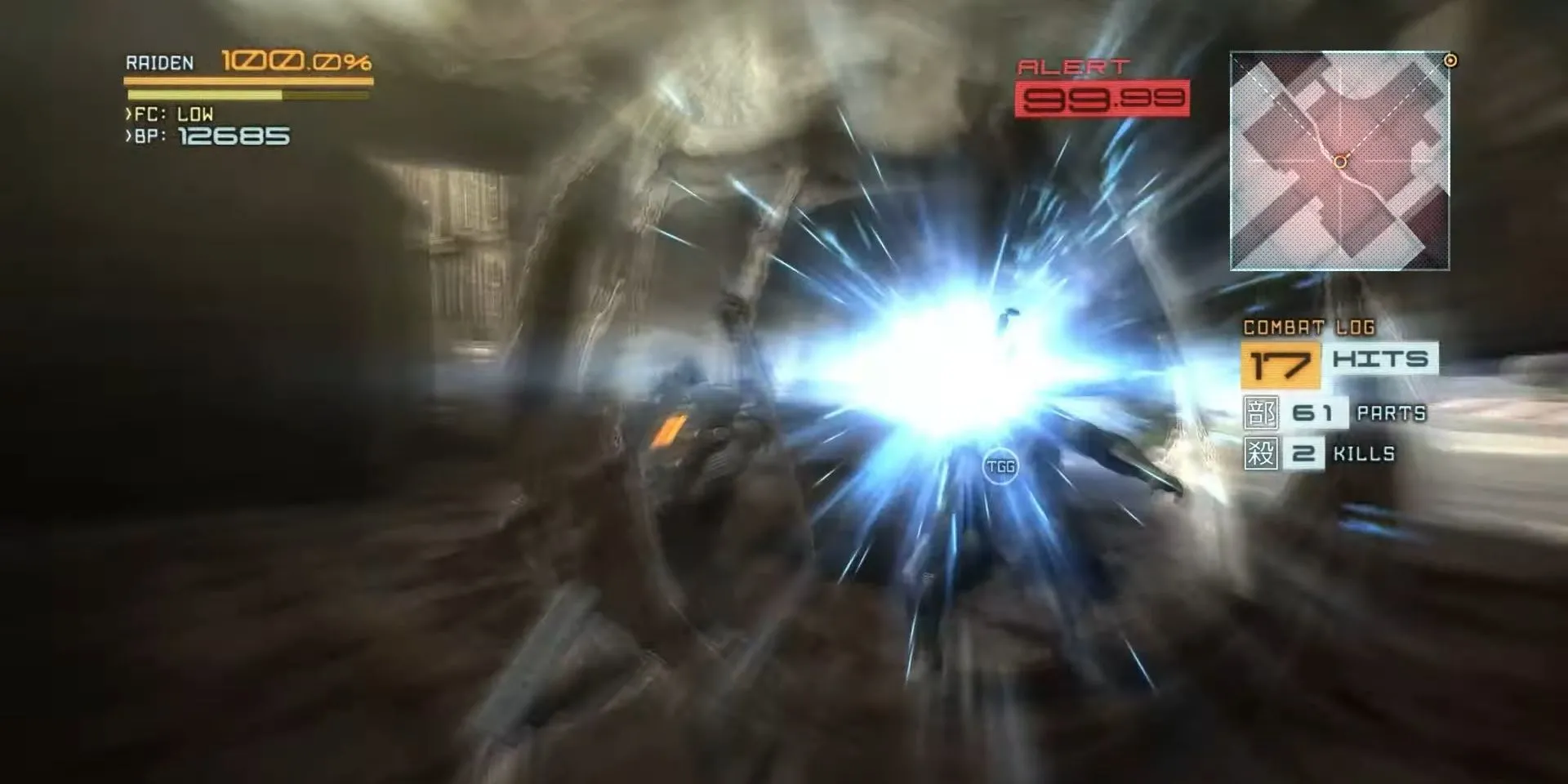 Raiden đỡ đòn trong Metal Gear Rising: Revengeance