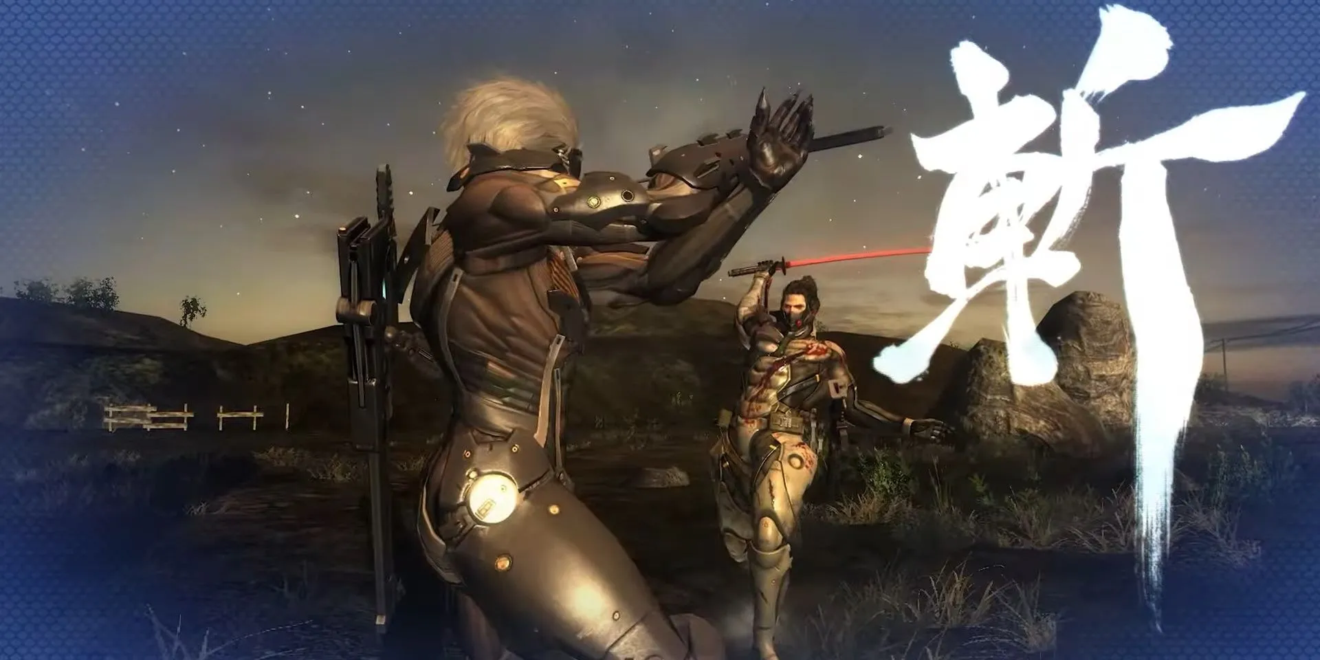 Raiden đối mặt với Sam trong Metal Gear Rising: Revengeance, sẵn sàng sử dụng QTE tốc độ cao