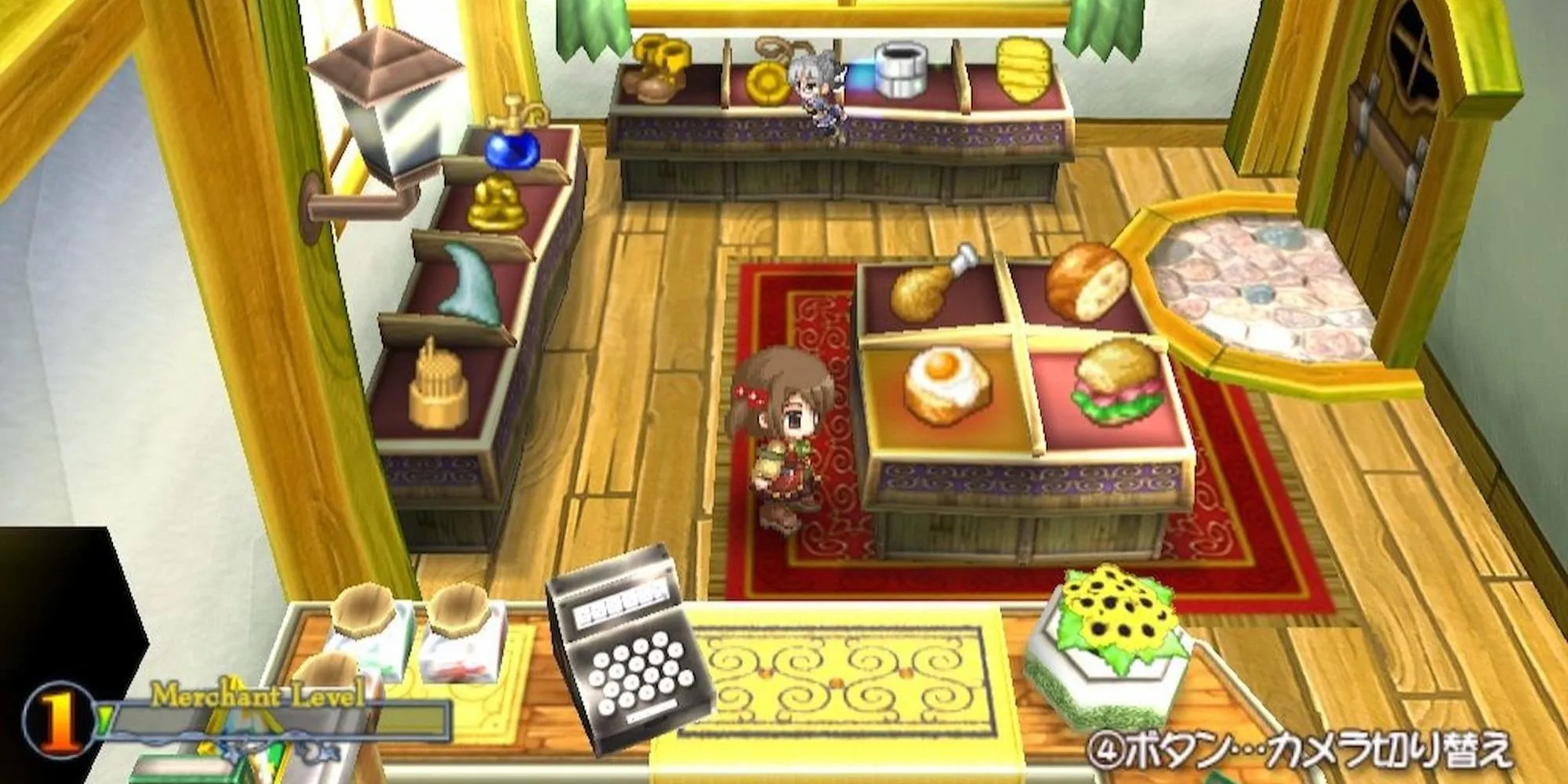 Recette đứng trong cửa hàng đầy ắp vật phẩm trong game mô phỏng quản lý Recettear An Item Shop's Tale