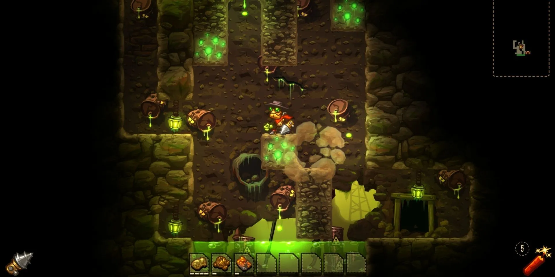 Rusty gần hồ axit trong SteamWorld Dig