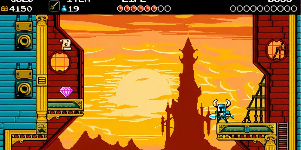 Shovel Knight đứng nhìn lâu đài bóng tối trong game platformer cổ điển