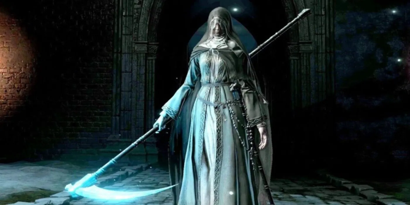 Sister Friede cùng cây Đại Lưỡi Hái trong Dark Souls 3 Ashes of Ariandel, nổi bật với ba giai đoạn chiến đấu đầy thử thách