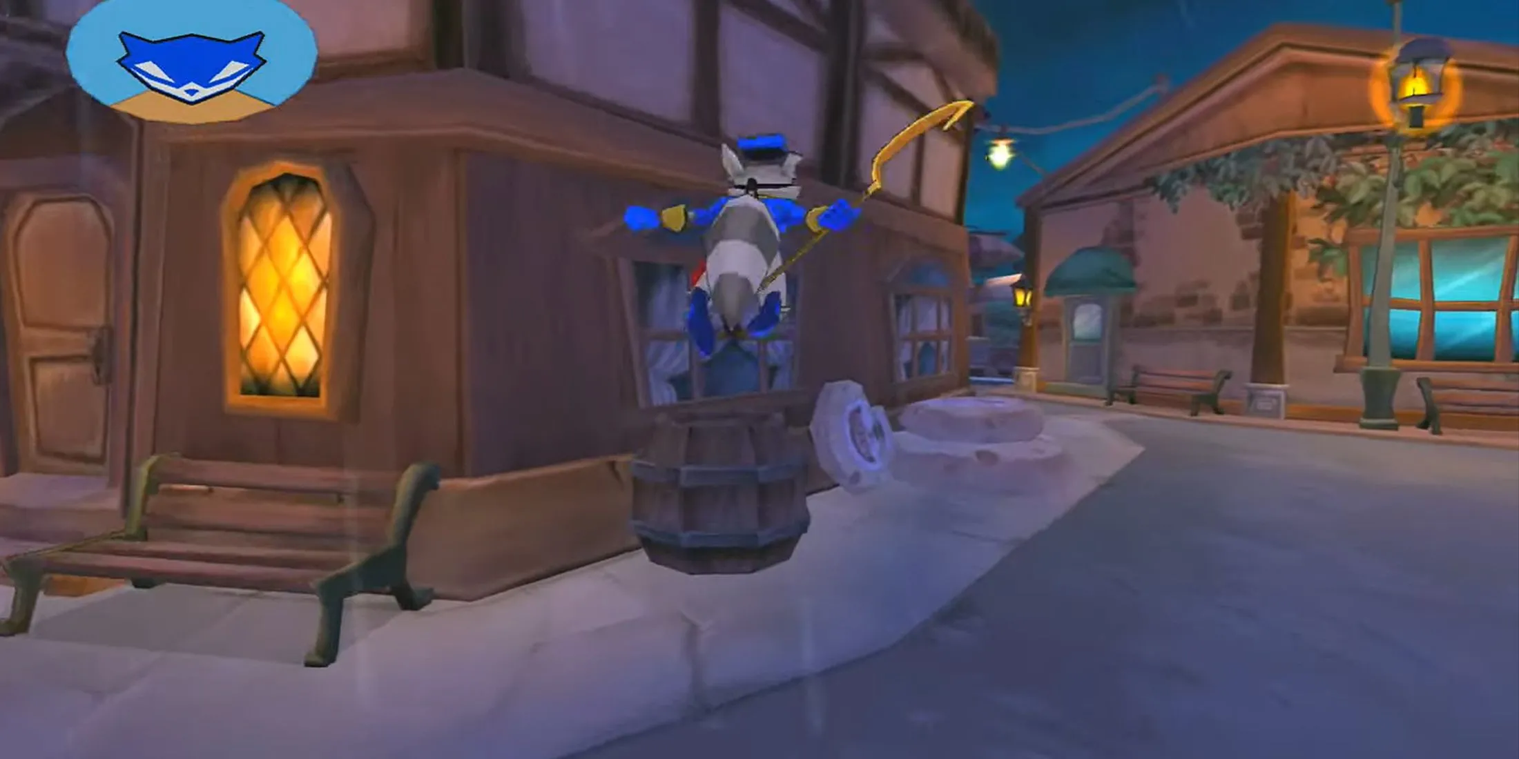 Sly Cooper nhảy qua mái nhà trong Sly 3 Honor Among Thieves
