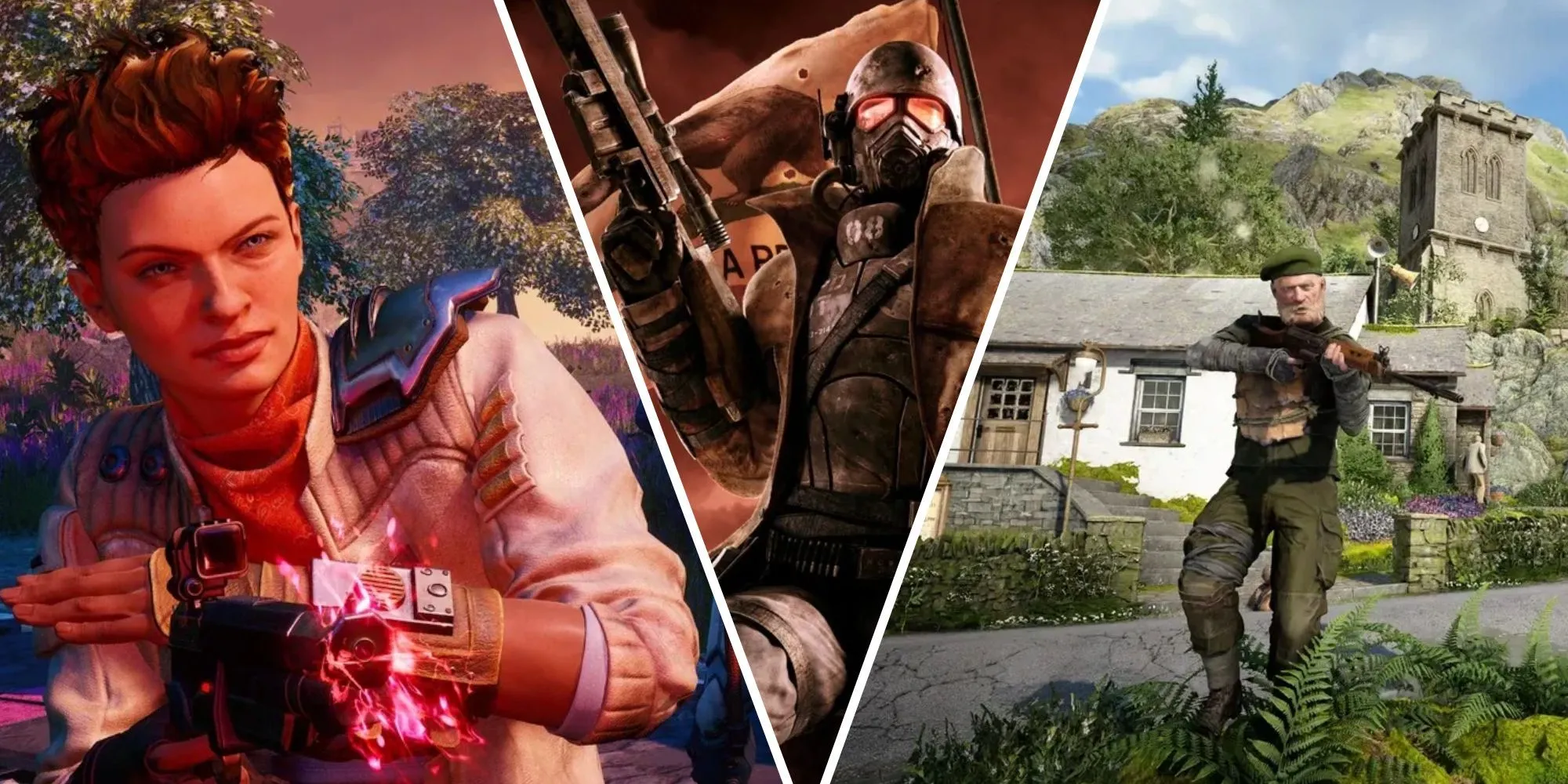 So sánh các tựa game có lối chơi tương tự Fallout: New Vegas, bao gồm Ellie từ The Outer Worlds, một NCR Ranger và cảnh trong Atomfall