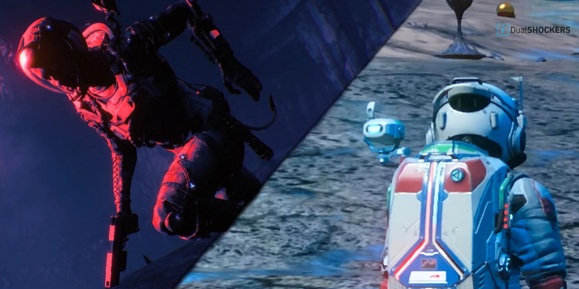 So sánh hình ảnh game tuyến tính Returnal và game sinh tồn thế giới mở No Man's Sky.