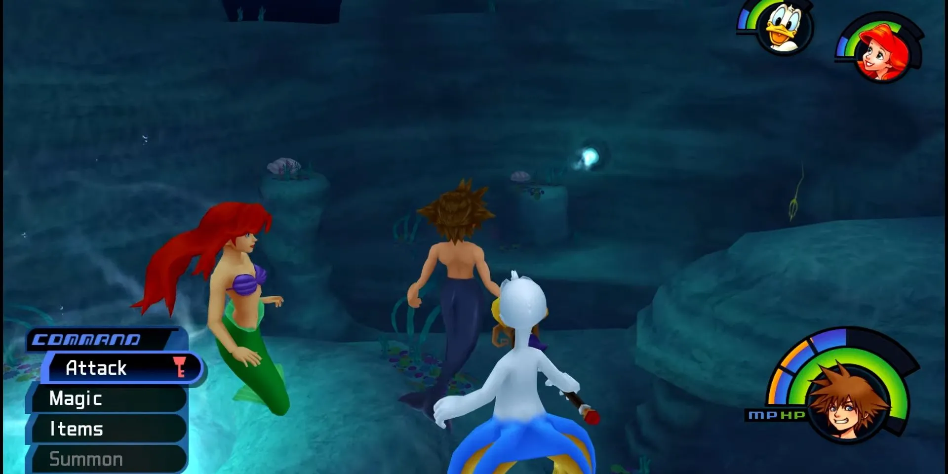 Sora, Donald và Ariel phiên bản người cá khám phá thế giới Atlantica trong Kingdom Hearts.