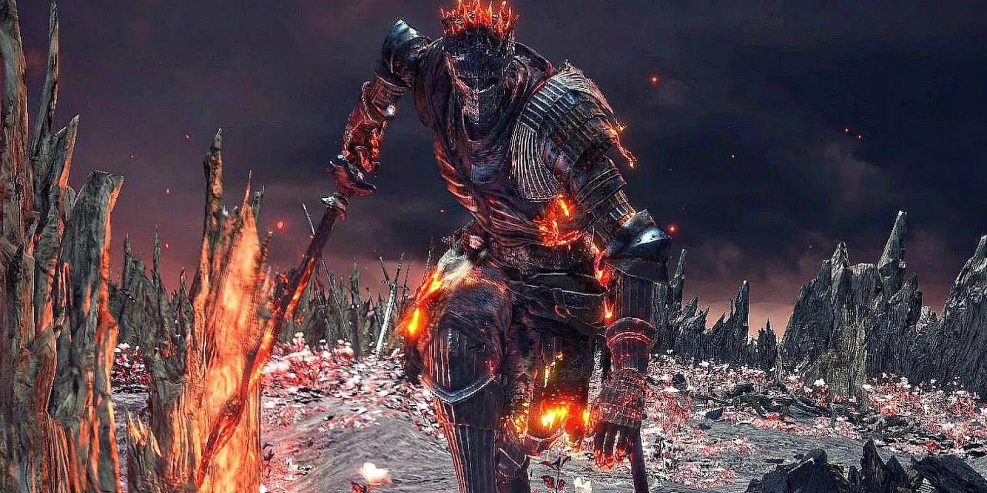 Soul of Cinder trong Dark Souls 3 lao về phía người chơi, hiện thân của các Chúa Tể Lửa trước đây