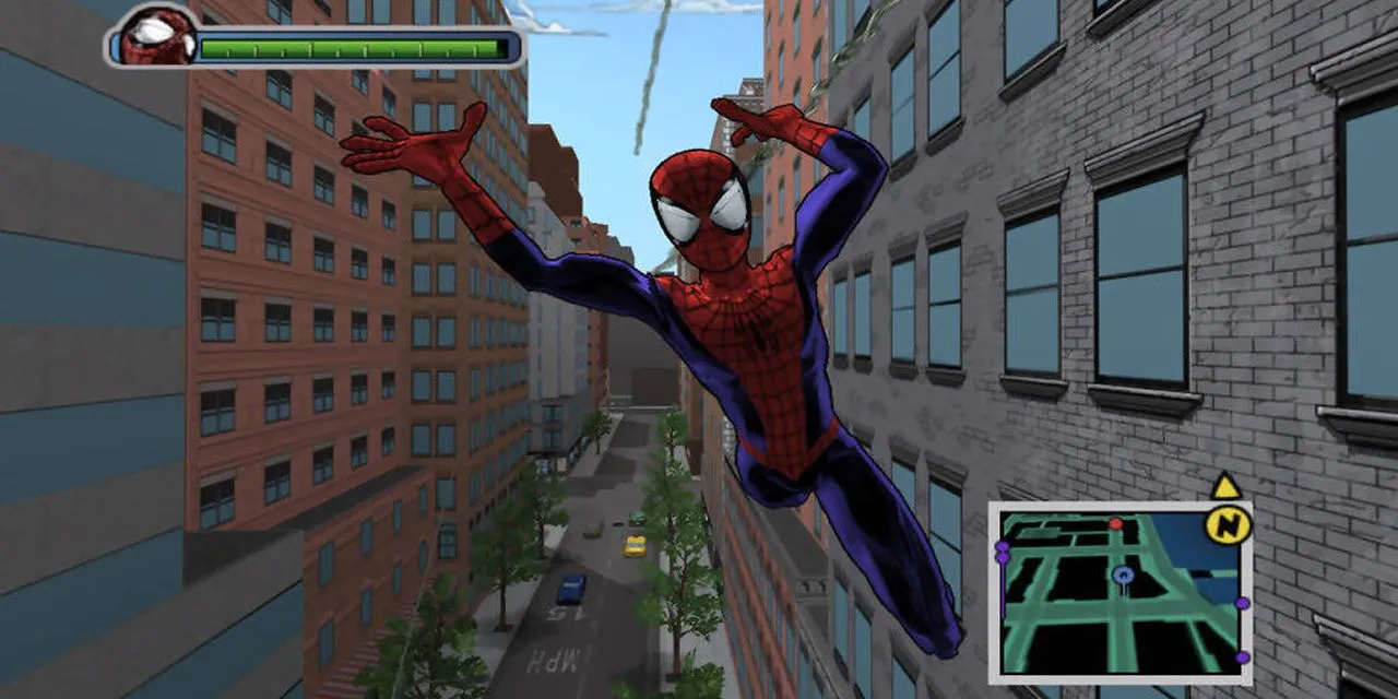 Spider-Man đu tơ trong Ultimate Spider-Man, game PS2 với đồ họa comic ấn tượng