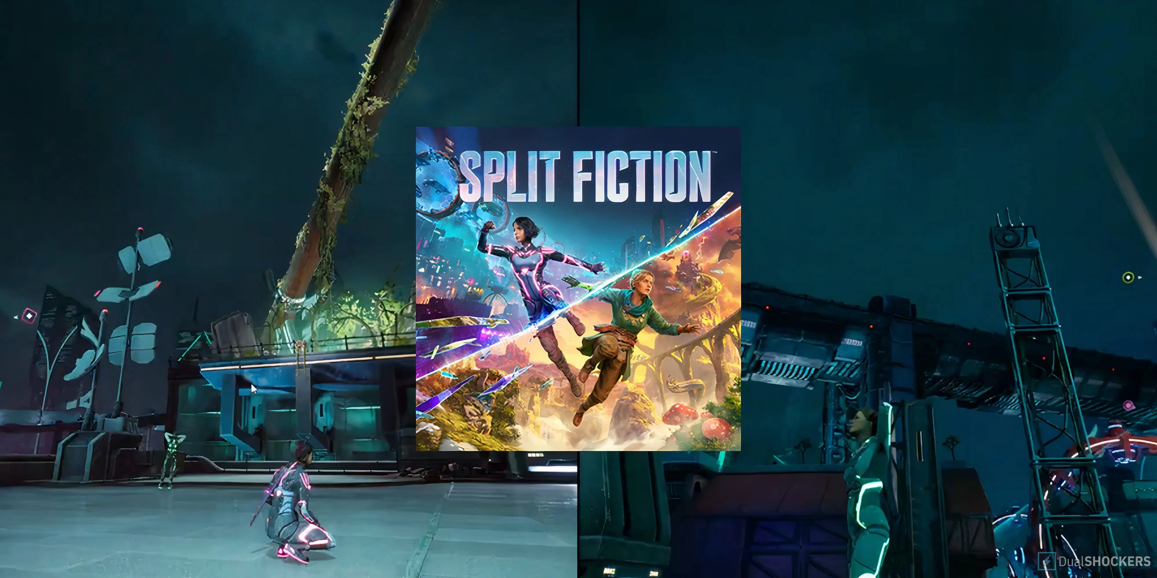 Split Fiction - Màn hình chia đôi Zoe và Mio trong Neon Revenge cùng ảnh quảng cáo